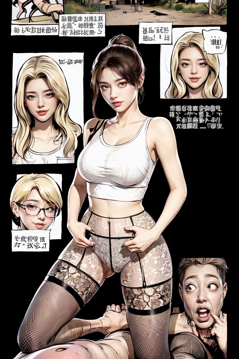 The beautiful girl in lace top and leggings is sitting astride a pile of skeletons in the center of the picture. She is holding a trembling sausage with juice squeezed out in her hand and smiling. There are multiple comic storyboards in the background,cbt, sausage bondage,sausage insertion,Sexy, trampling sausage with high heels heel,(masterpiece, best quality:1.2),1 beautiful girl,sexy,comic storyboard:2, leggings, sit astride, axially symmetrical:2, ,femdom,sounding,cbt,hold,smile,colorful,leggings,thin gap,cameltoe,insertion,trembling,juice,spray, Long hair,Lace top,Sexy, Shiny leggings, High heel,cleveage, trampling, in forest, saliva , Mucus,