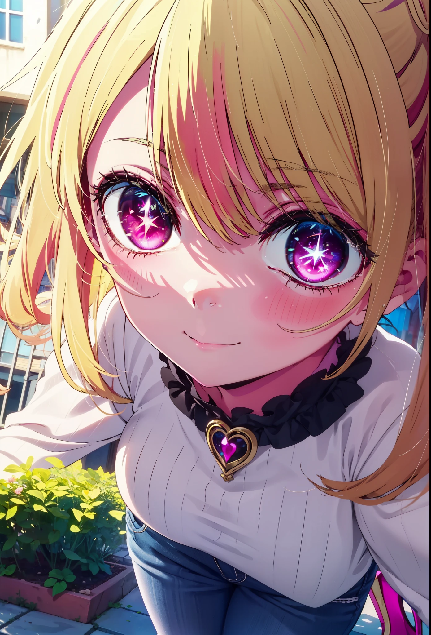 rubyhoshino, Hoshino Ruby, Long Hair, bangs, Blonde Hair, (Pink Eyes:1.3), Side Lock, (Symbol-shaped pupil:1.5), Multicolored Hair, Two-tone hair, smile,Cordo shoulder top,Skinny jeans,Stiletto heels,gardenのベンチに座っている,Walking,
break outdoors, Building district,garden,
break looking at viewer, whole body,
break (masterpiece:1.2), highest quality, High resolution, unity 8k wallpaper, (figure:0.8), (Beautiful fine details:1.6), Highly detailed face, Perfect lighting, Highly detailed CG, (Perfect hands, Perfect Anatomy),