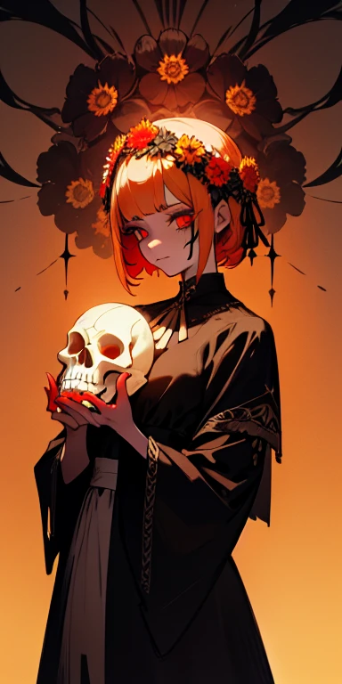 Mysterious glowing ung woman, artistic miracle, Excellence, official art works, Extremely complex CG Unity 8k wallpaper, day of the dead clothing, halloween face makeup, (Detailed skull face makeup:1),Light flaxen short hair,Obvious red eye shadow,There is a braid on the left side,elegant, Skull shaped decoration, Wearing a chrysanthemum wreath on the head, Mexican white dress,, beautiful death makeup, (Vibrant colors:0.9), Dark and mysterious lights, (High contrast:1.1),whole body,Holding brightly painted skull in hand,Fantastic most detailed,Warm colors
