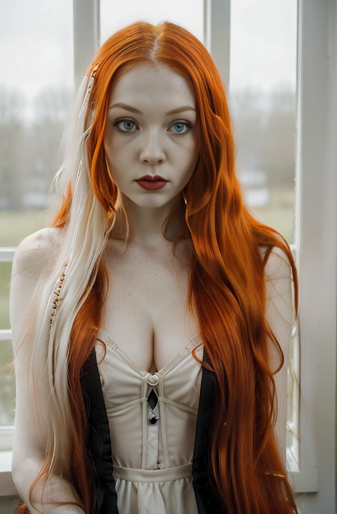 a close up of a woman with long red hair looking out a window, 1 7 - year - old goth girl, pale fair skin!!, with pale skin, she has long redorange hair, pale goth beauty, with long red hair, very pale white skin, extremely pale white skin, very pale skin, with long hair and piercing eyes