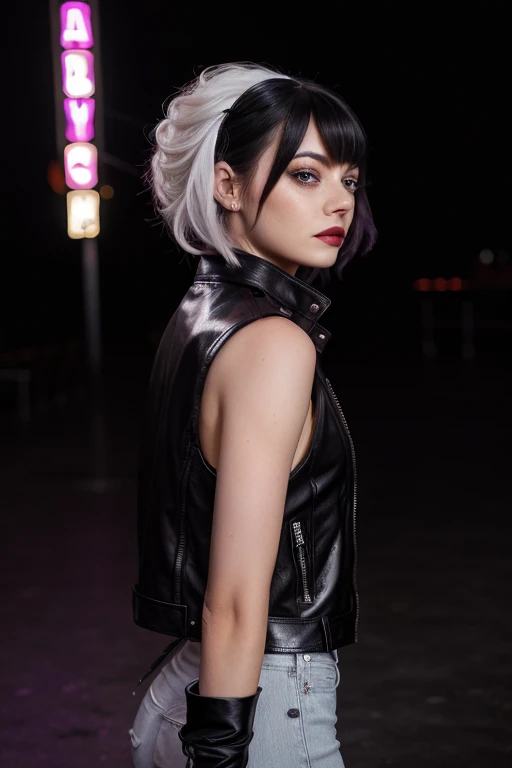 Ema Stones with black and white caleoi wig with parting strands on her head ,4k,8k,High,master part:1.2),ultra-detailed,Realistic,Emma stones ,full body,in a nightclub,portraying the character Cruella,Black clothes shiny,pink lipstick,purple eyeshadows on the eyelids,long glossy black sleeveless shurg leather jacket,