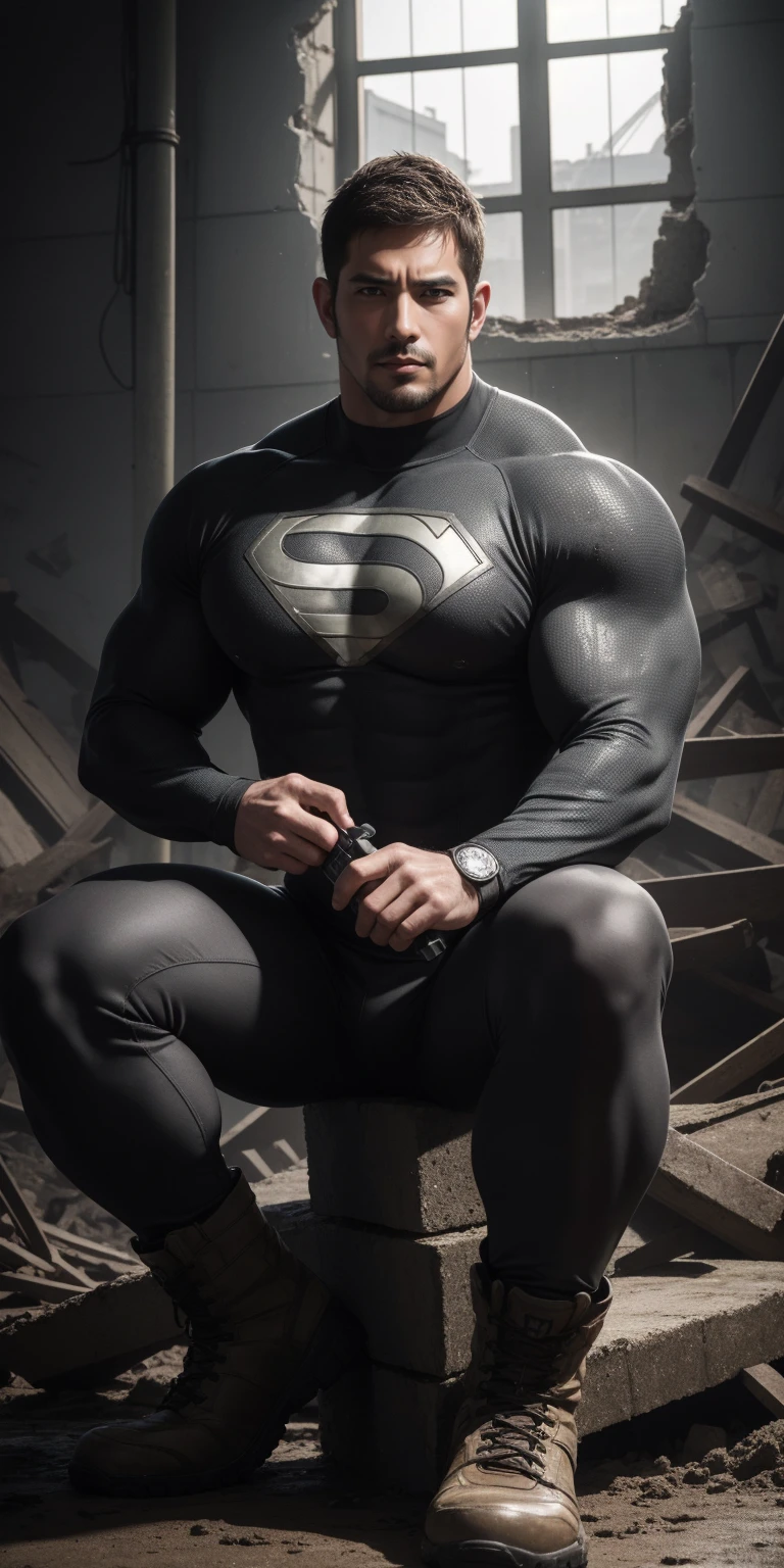 Angry super muscular man,  short hair，Sitting on a soft sofa in the ruins, Wear the long-sleeved superhero bodysuit in earthy grey, Body wrapped in mud，The clothes are dirty，There are mud stains，The expression is arrogant, Thick thighs, messy hair, Thick thighs, Off-White Turtleneck Long Sleeve Superhero Bodysuit, very tight, Regular symmetrical pattern, Highlight muscles, Police uniform pants, Big foot combat boots，character concept（Resident Evil - chris redfield, chris redfield）A proud expression, Deep and charming eyes, Valiant male pose, tall Burly, muscular！muscular thighs, Tough Guy, Perfect facial features, High, Burly, Heqiang, Super exquisite and cool, High Resolution Committee, Attractive, The sun is blazing, Dazzling