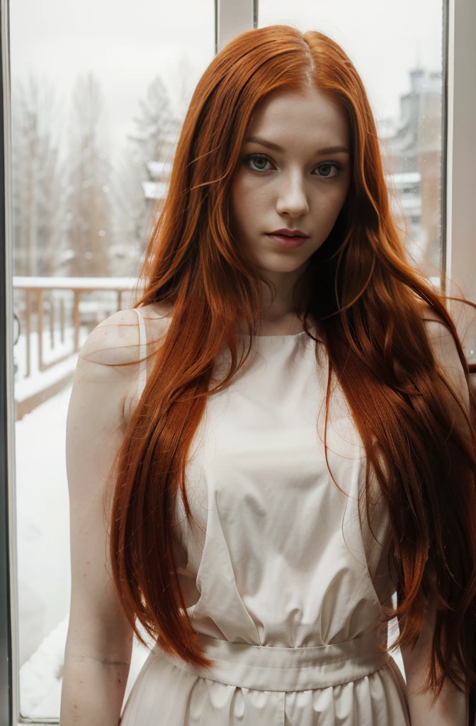 a close up of a woman with long red hair looking out a window, 1 7 - year - old goth girl, pale fair skin!!, with pale skin, she has long redorange hair, pale goth beauty, with long red hair, very pale white skin, extremely pale white skin, very pale skin, with long hair and piercing eyes