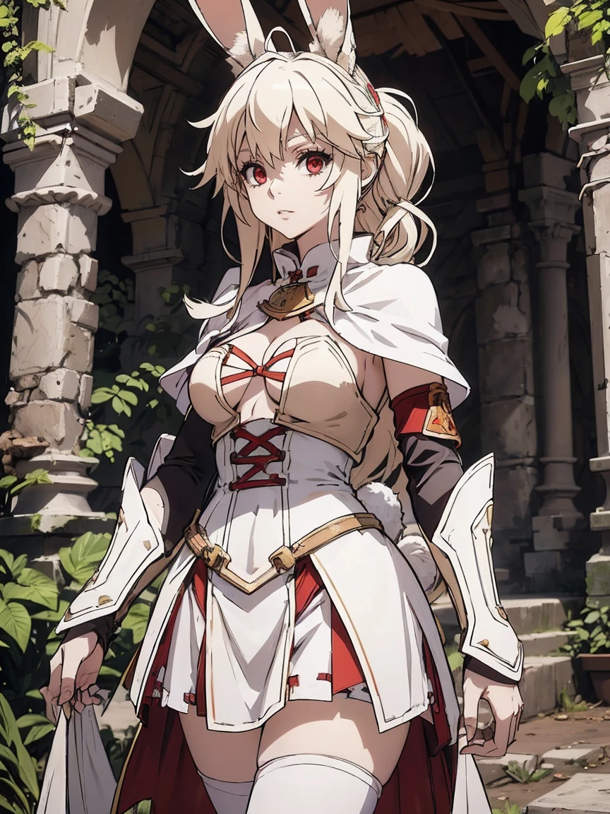 a rabbit girl in the ruins, (rabbit girl)(best quality,high resolution, masterpiece:1.2), female focus, (one girl:1.5), (free hands), beautiful eyes, (white hair:1), detailed eyes, (rabbit ears), (red eyes:1.2), white cloak, curious, fleshy lips, hair ornament, leather armor, Clothes made of tanned leather, detached sleeves, wrist guard, white thighhighs, shin guards, perfect quality, good quality, masterpiece, (arms crossed1.2), Prepare-se para mergulhar em um mundo onde a beleza e o artesanato se fundem perfeitamente, anatomically correct. ultra nitidez