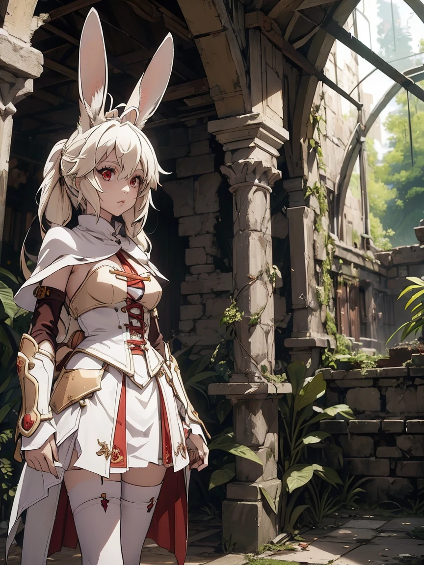 a rabbit girl in the ruins, (rabbit girl)(best quality,high resolution, masterpiece:1.2), female focus, (one girl:1.5), (free hands), beautiful eyes, (white hair:1), detailed eyes, (rabbit ears), (red eyes:1.2), white cloak, curious, fleshy lips, hair ornament, leather armor, Clothes made of tanned leather, detached sleeves, wrist guard, white thighhighs, shin guards, perfect quality, good quality, masterpiece, (arms crossed1.2), Prepare-se para mergulhar em um mundo onde a beleza e o artesanato se fundem perfeitamente, anatomically correct. ultra nitidez