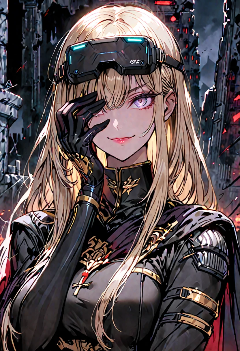 solo, female, sfw, medium shot, huge woman, extremely tall woman, blonde, long hair, black uniform, military uniform, ((modern armor)), black cape, gold trim, red trim, muscular, ruins, smile, military cap, one hand on face, yandere pose, baggy breeches, broad shoulders, night, close up, looking at viewer, futuristic, head-mounted display, display covering eyes