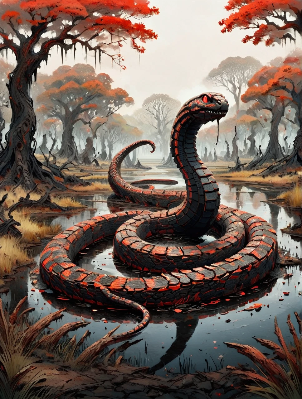 Concept Art, It is burnt, Intricate details, Desolate pond with oak trees, Anime screenshots,  Stylized, abstract expressionism,Big snake,Black Scales,Red eyes