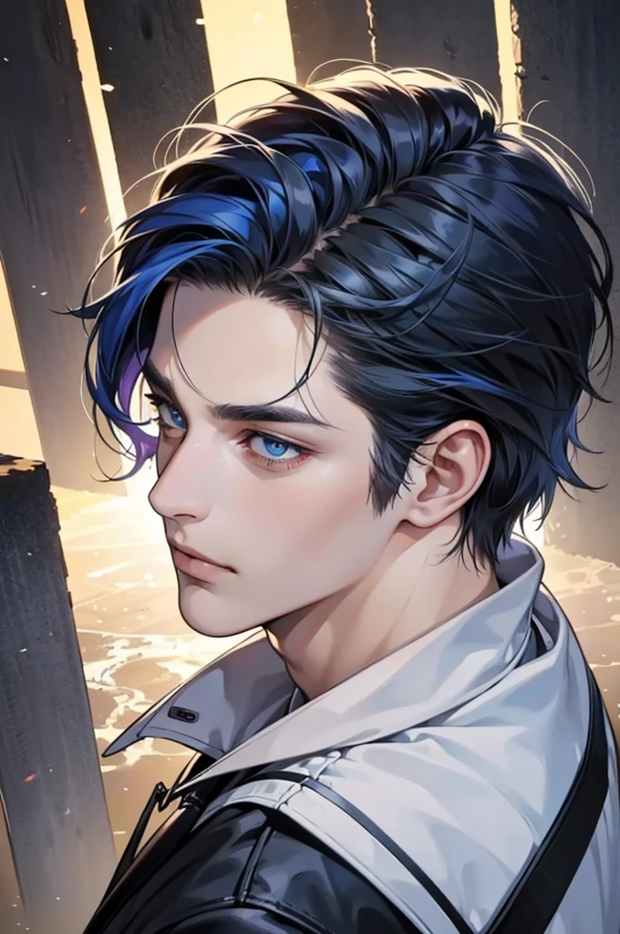 (best quality,4k,8k,highres,masterpiece:1.2),ultra-detailed,(realistic,photorealistic,photo-realistic:1.37),30 year old man,3 day beard,handsome anime,portraits,strong,masculine,dark blue hair,sharp jawline,mesmerizing eyes,perfectly styled hair,short hair, cool anime outfit,confident expression,vibrant colors,dynamic lighting