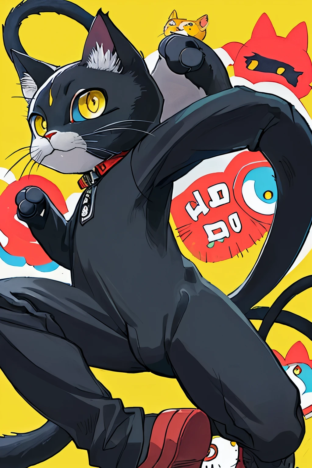 there is a black Gato with ojos amarillos and a yellow background, una imagen de Shinji Aramaki, Flickr, dada, Ilustraciones de Kazuo Umezu, conmocionado, !!!! Gato!!!!, !!! Gato!!!, illustration of a Gato, funny illustration, ilustraciones fabulosas, Gatoman, andy Gatoling, conmocionado look, ojos amarillos, anime visual of a cute Gato, sorprendido