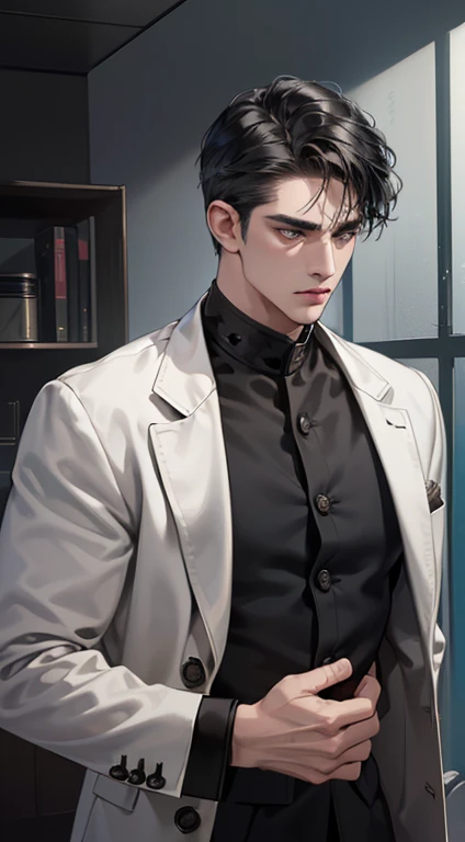 (best quality, masterpiece, 8 thousand, realistic, cinematic lighting, 1:4 HDR images, very detailed, beautiful photos), mature man, very handsome, ((cold expression)), black short hair, black eye, A perfect face without any mistakes, ((Buttoning my jacket, chief executive))