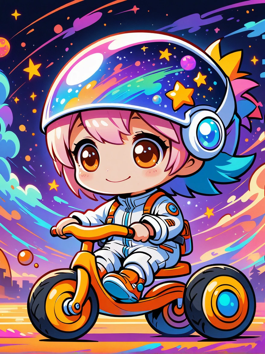 Cartoon graffiti characters,Vector illustration,cinematic film still A visually striking chibi-style astronaut is depicted with remarkable detail, wearing a black tinted visor and a crisp white suit with red straps. This adorable hero is captured riding on a 's tricycle with big grippy tires, exploring the surface of the moon. The background showcases a delightful galaxy filled with stars and cosmic wonder. This conceptual art piece blends anime, photography, illustration, and typography to create a whimsical and imaginative portrayal of space exploration,Add whimsy to the scene,1xhsn1