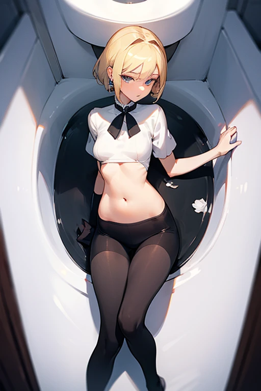 Beautiful woman、white tops that high-necked short-sleeved knit、Black thin tights、Legs in tights、Beautiful feet、Medium hair、Earrings、Blonde、slender、low length、Her belly button is just a little visible、POV、toilet、Close Contact、Black Stockings