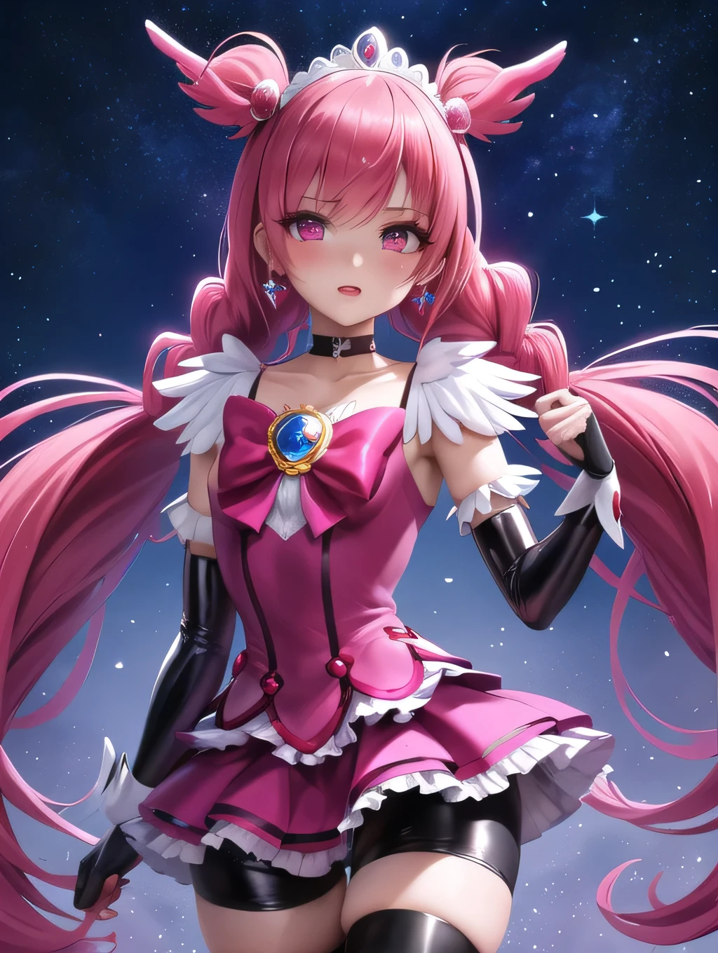 masterpiece, best quality
1girl, cure prism, pink hair, long hair, side braid, black ascot, black boots, elbow gloves, hair ribbon, earrings, layered skirt, heart ahoge, 
gradient_background, best quality, ultra-detail, masterpiece, anime,skirt. tiara, wrist cuffs, (black shorts), black shorts under skirt, boots, (glossy fabric), cowboy shot, black gemstones, standing, blush, (beautiful detailed eyes), extra detailed face, perfect lighting, extremely details CG, (perfect hands, perfect anatomy), shiny material, a blue ribbon, jewelry, latex shine,red eye,dark orla,straight hair,black wing,black frildress,long skirt ,Dramatic Pose,Magical girl,Night sky background