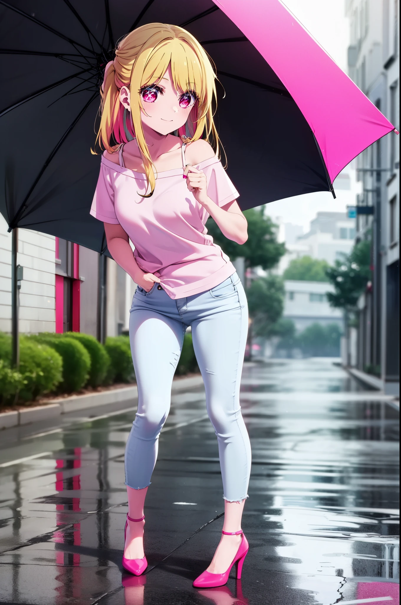 rubyhoshino, Hoshino Ruby, Long Hair, bangs, Blonde Hair, (Pink Eyes:1.3), Side Lock, (Symbol-shaped pupil:1.5), Multicolored Hair, Two-tone hair, smile,Cordo shoulder top,Short sleeve,Skinny jeans,Stiletto heels,rain,black umbrella,Cloudy,whole bodyがイラストに入るように,Walking,
break outdoors, ビル街
break looking at viewer, whole body,
break (masterpiece:1.2), highest quality, High resolution, unity 8k wallpaper, (figure:0.8), (Beautiful fine details:1.6), Highly detailed face, Perfect lighting, Highly detailed CG, (Perfect hands, Perfect Anatomy),