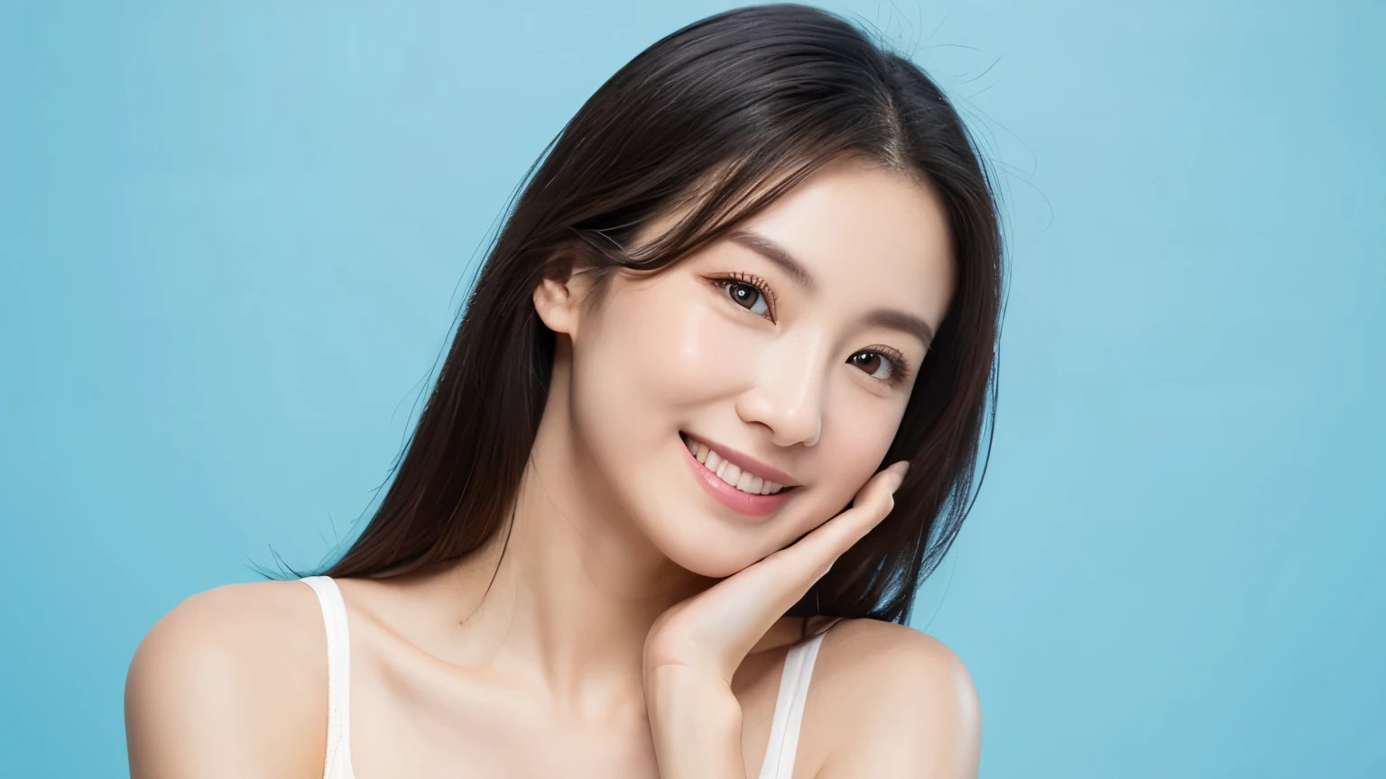 8k、One Woman、Beauty、SLR、Light blue background、Clear skin、Glowing Skin、Black Hair、Put your hand on your cheek、sigmaF2.8-56mm、smile、breast enhancement