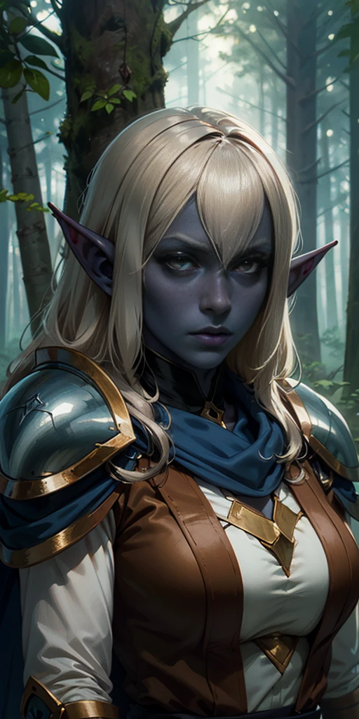 masterpiece, best quality, CG, wallpaper, HDR, high quality, high-definition, extremely detailed, drow, colored skin, dark elf, blue skin, grey skin, pointy ears, cape, armor, looking at viewer, 1girl, forest, dark forest, mythical forest, dimmed light, brown eyes, long hair, chibi