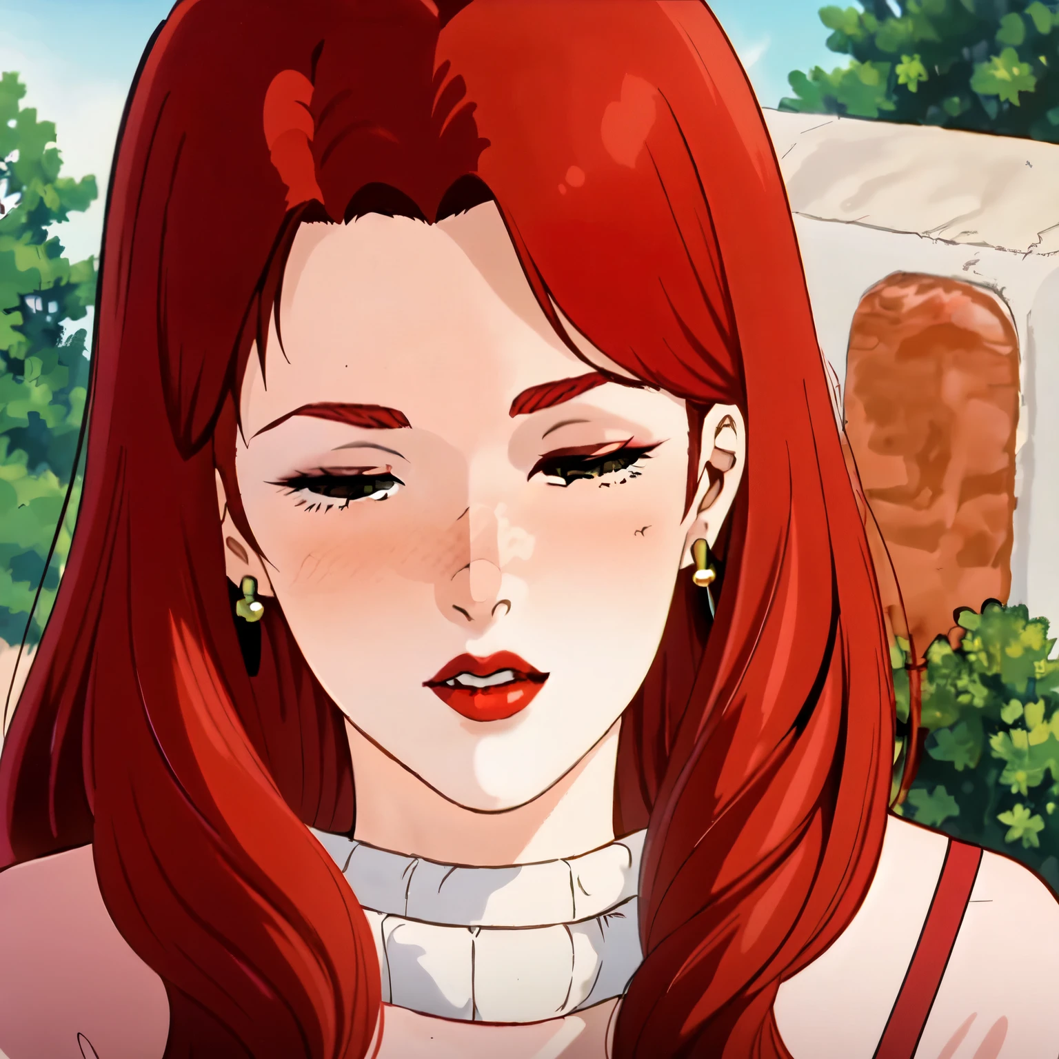 masterpiece,highres,high quality,upscaled,christinamackenzie,1girl, earrings, face close-up, (red eyeshadow: 1.2), partially closed eyes, open mouth, (red lips:1.1), choker, (face blush:1.1), (pale skin:1.2), (long hair:1.2),parted bangs,red hair,green eyes,