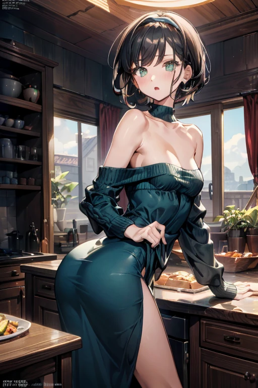 (small breasts:1.3), (perky chest:1.1), (pointed chest:1.0), (fashion magazine cover:1.3),(from below:1.0),(from side:0.9),masterpiece, 1girl, Amazing Cleavage:1.1, thin waist, big ass, Raised sexy, small breast: 1.3, posed cleavage:1.2、solo, looking at viewer, open mouth, have a cute grass of cute beergrass,black hair, dark green eyes, dress, bare shoulders, jewelry, collarbone, sidelocks, hairband, earrings, indoors, off shoulder, :o, sweater, arms behind back, plant, short hair with long locks, gild hairband, off-shoulder dress, sweater dress, off-shoulder sweater, red sweater, dark gord hair, big side hair, very long side hair,is rendered in (masterpiece: 1.2, best quality), with (ultra high resolution) and an exquisite (depth of field). This masterpiece is not only visually stunning but also tells,A scene of cooking in the kitchen by classroom