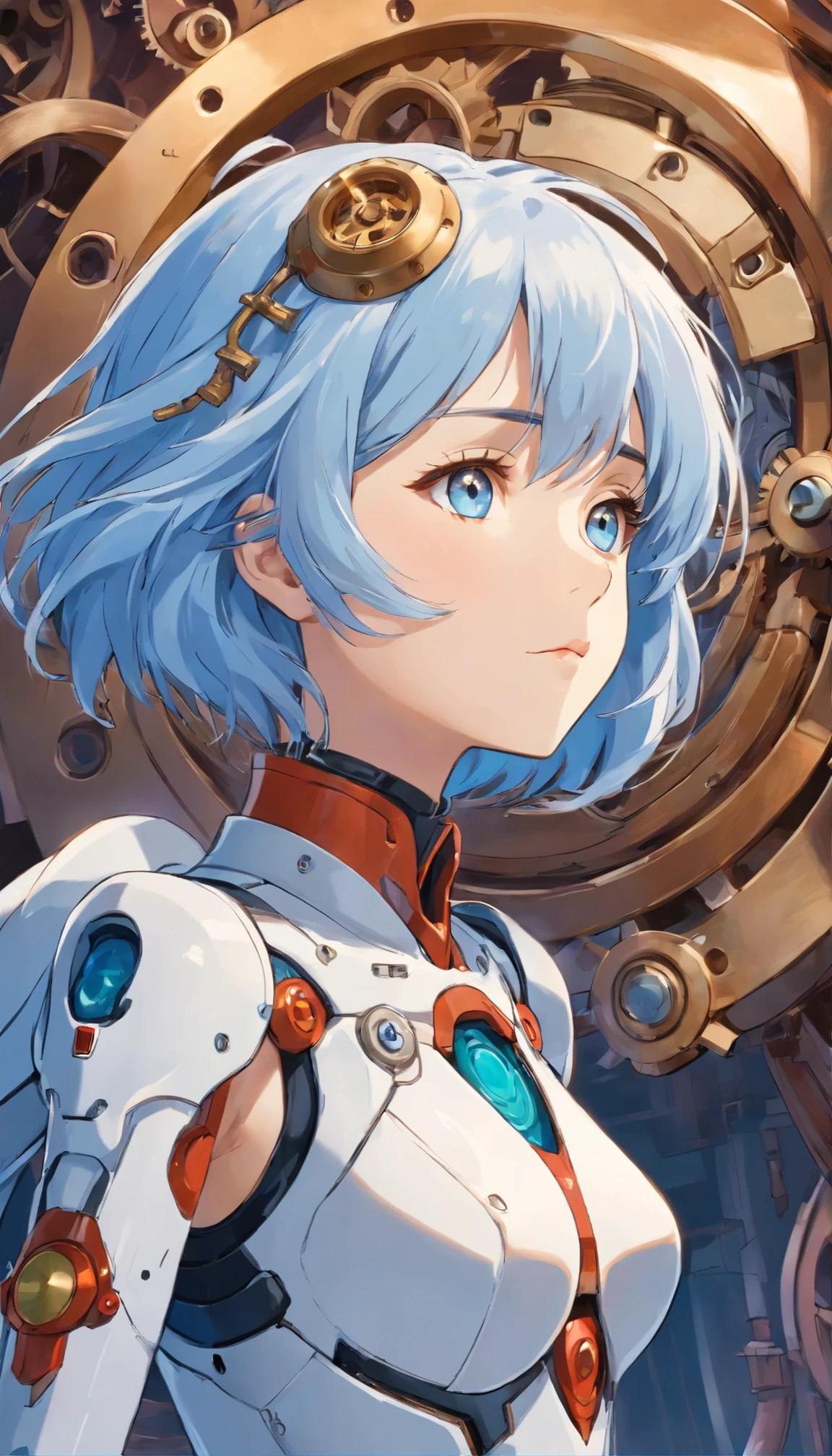 A masterpiece of the highest grade:Evangelion&#39;s Rei Ayanami transforms into a steampunk character, wearing a white armored suit that contrasts beautifully with her blue hair, reminiscent of a sparkling waterfall.、Drawn with delicate detail、Each stroke conveys depth and beauty.。Sparkle and shine:Her eyes sparkle with a captivating gaze、Pierces the heart of the viewer。Steampunk aesthetics:Intricate gears and brass accents、Highlighting the technology of a bygone era、It&#39;s a perfect blend，Rei Ayanami&#39;s face details
