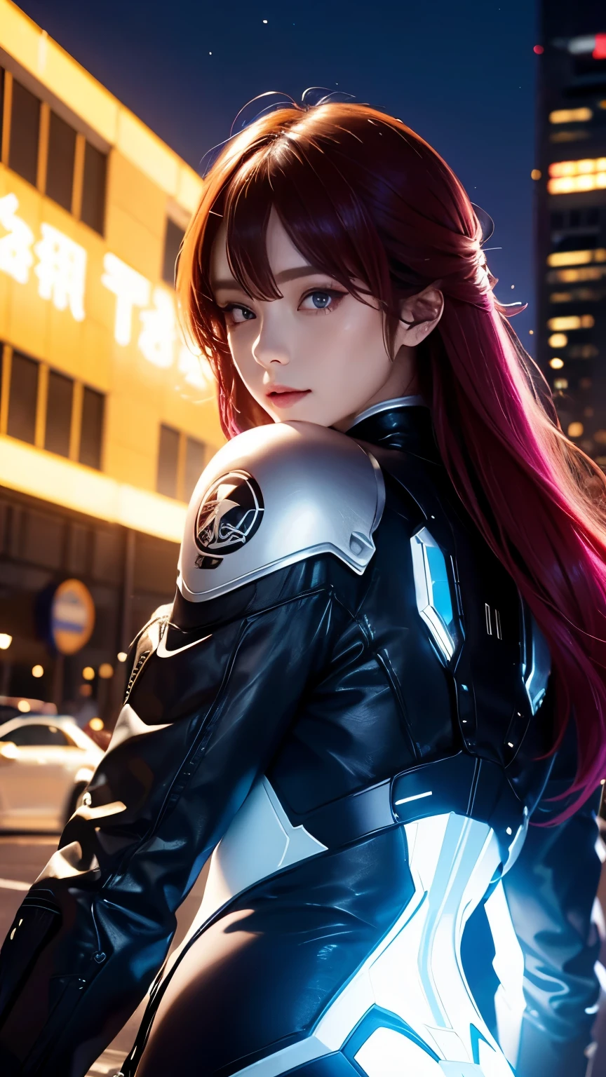 streaked hair, shiny hair, hairpods, multicolored eyes, modern, anime, cinematic lighting, sparkle, zoom layer, pov, UHD, textured skin, super detail, high quality, best quality, high details, masterpiece, Cyberpunk, futuristic metropolis, neon lights, midnight, Secret agents in science fiction movies, A spy wearing a highly functional suit