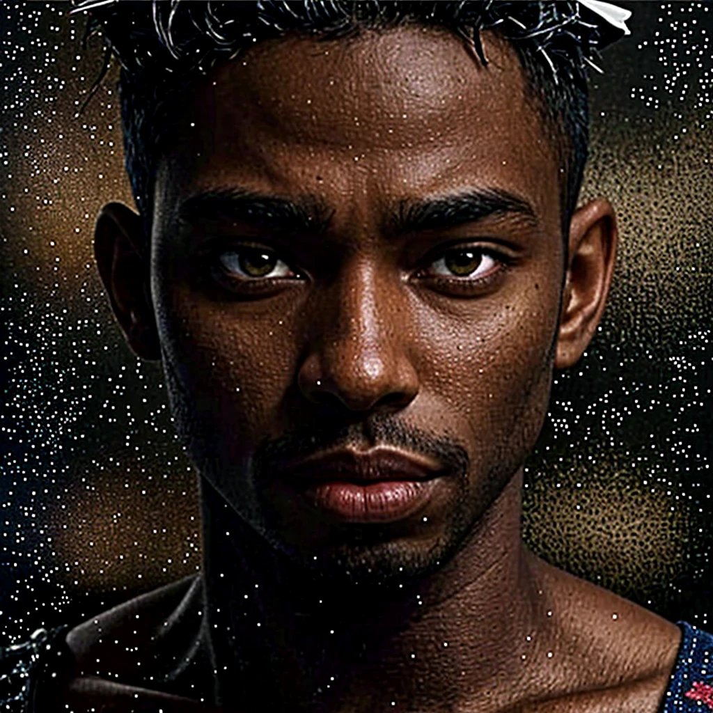 (best quality, 8k, photorealistic:2.0), (solo),(one male:2.0),(black men:1.5),(shirtless black man),(short hair men),(black men hairstyle),(muscular),(looks very young),(clean body),(white briefs:1.5),(Ecstasy with amazing orgasms),(upliftment),(sexual arousal),(male virgin)