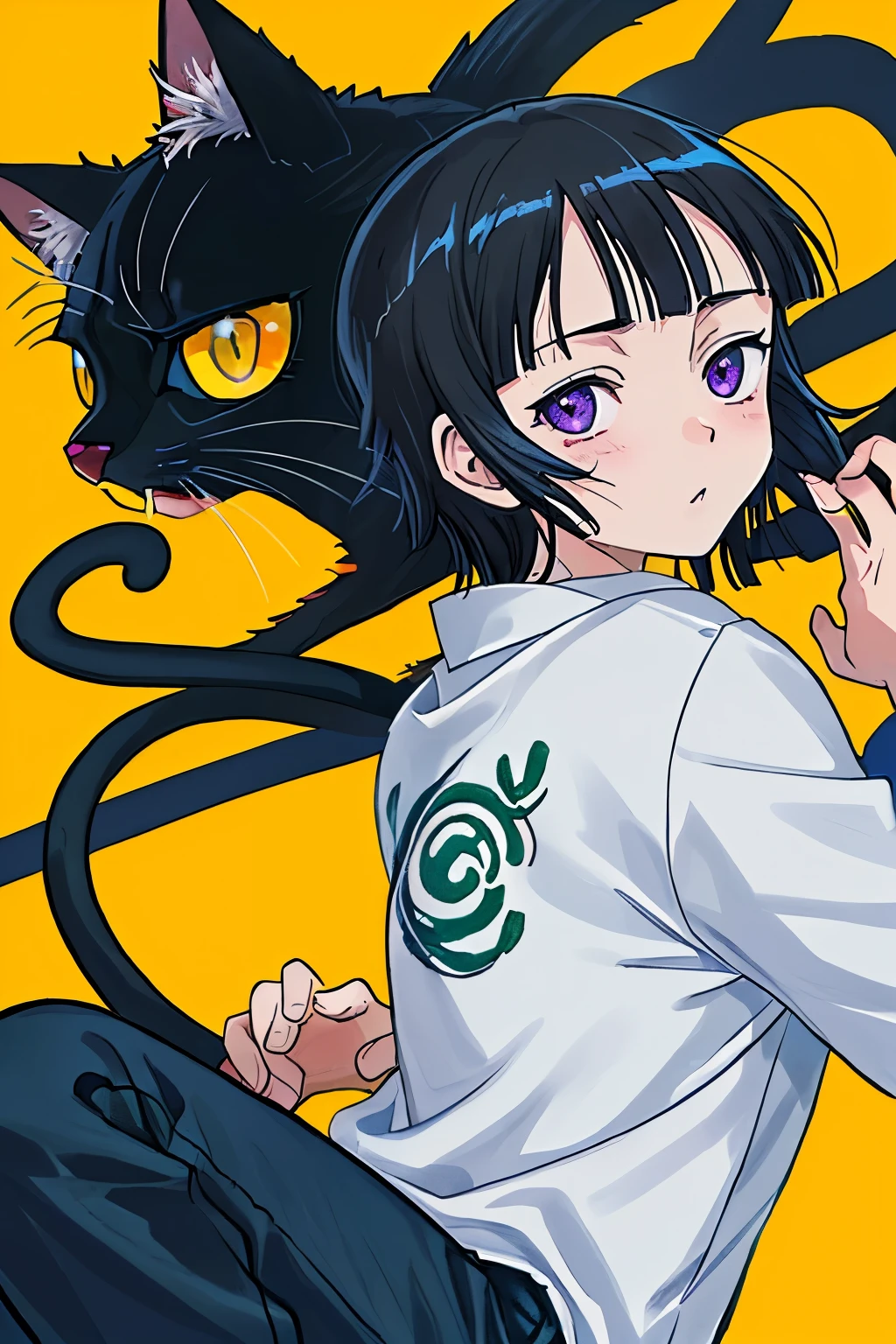 there is a black Gato with ojos amarillos and a yellow background, una imagen de Shinji Aramaki, Flickr, dada, Ilustraciones de Kazuo Umezu, conmocionado, !!!! Gato!!!!, !!! Gato!!!, illustration of a Gato, funny illustration, ilustraciones fabulosas, Gatoman, andy Gatoling, conmocionado look, ojos amarillos, anime visual of a cute Gato, sorprendido