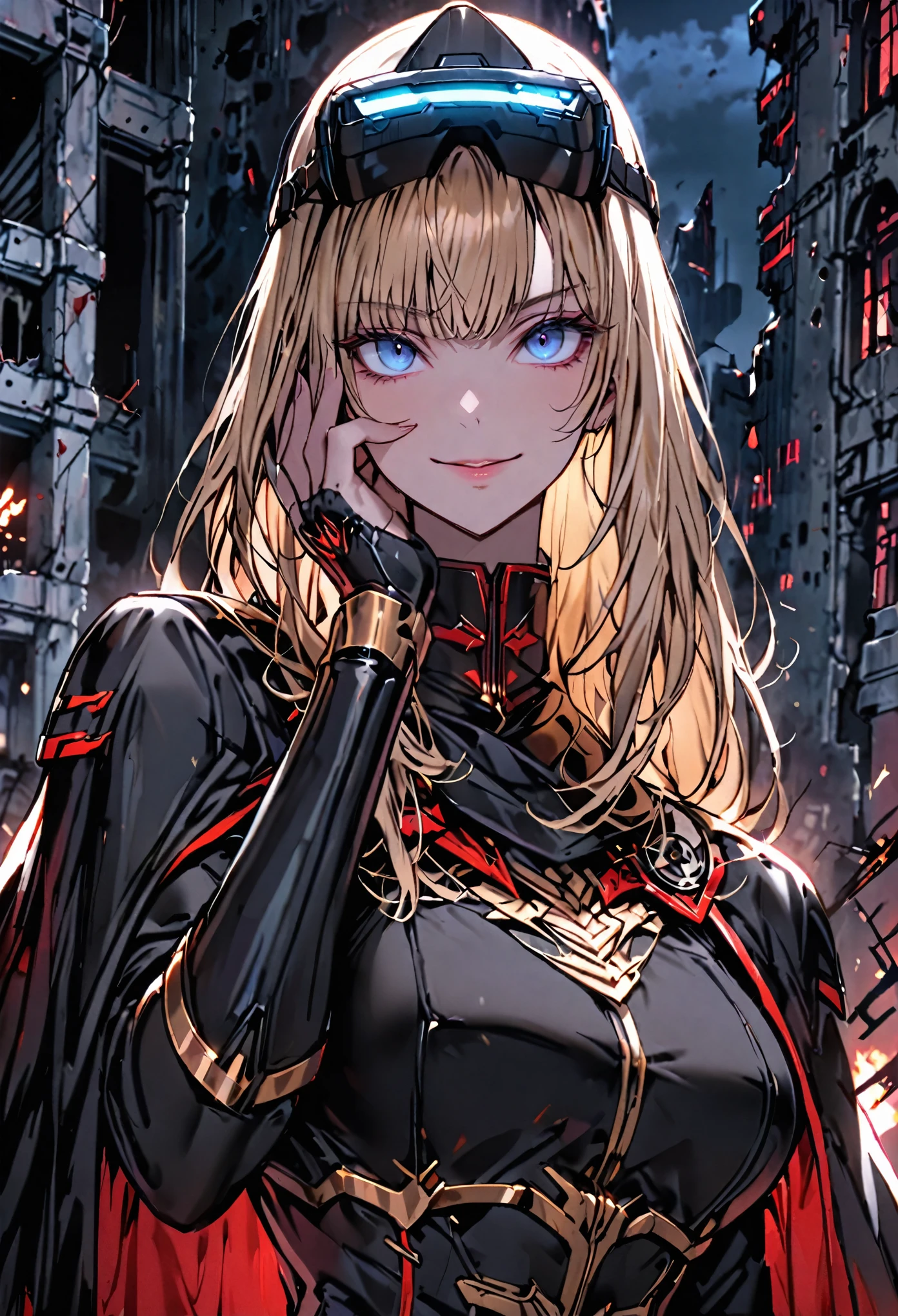 solo, female, sfw, medium shot, huge woman, extremely tall woman, blonde, long hair, blue eyes, black uniform, military uniform, ((modern armor)), black cape, red trim, gold trim, muscular, ruins, smile, military cap, one hand on face, yandere pose, baggy breeches, broad shoulders, night, close up, looking at viewer, futuristic, head-mounted display
