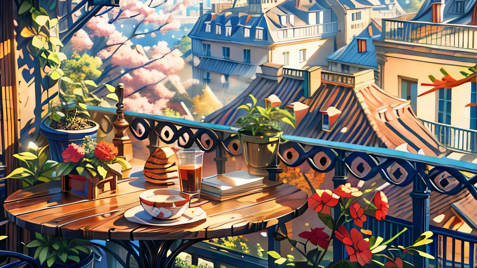 Coffee cup on a wooden table, beautiful terrace, terrace, balcony, Paris background, balcony, Sitting in a French apartment, plants on balcony, pleasant Cozy atmosphere, on a balcony, Cozy cafe background, Morning Coffee, Rooftop Romantic, Paris, with eiffel view, Paris city, Cozy place, Spring Morning, Cozy atmosphere, 4K HD, Beautiful Art UHD 4K, Beautiful artwork illustration, Beautiful digital painting, Highly detailed digital painting, Beautiful digital art, Detailed painting 4k, Highly detailed digital painting, Rich, picturesque colors, Gorgeous digital painting