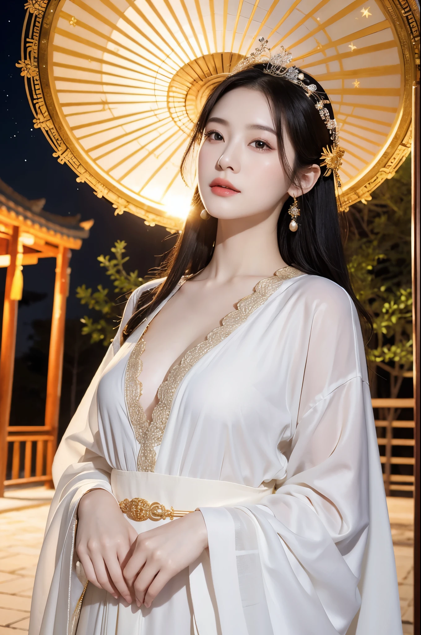 (masterpiece:1.2),1girl,pale_skin,realistic skin,chinese,
A divine goddess wearing a gossamer robe with sun and moon motifs, her hair adorned with stars, as she presides over the heavens,
medium breast,cleavage,vibrant colors,
black hair,
outdoors,