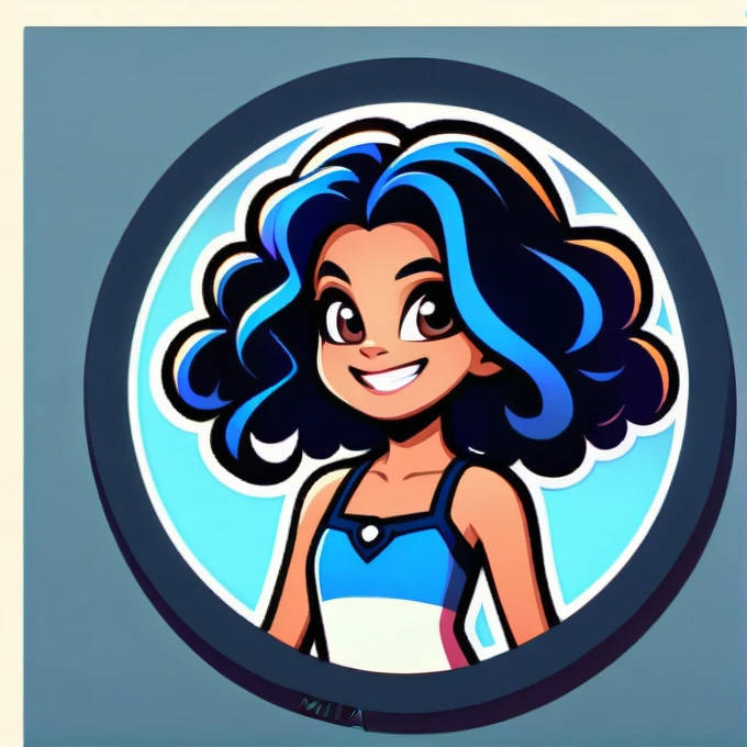 Round logo, blue background, young girl, (((black wavy hair))), brown eyes, big cheeks. Small smile, lips parted, white teeth. (LILO and Stitch, 1.03). Mila’s custom jewelry creations.