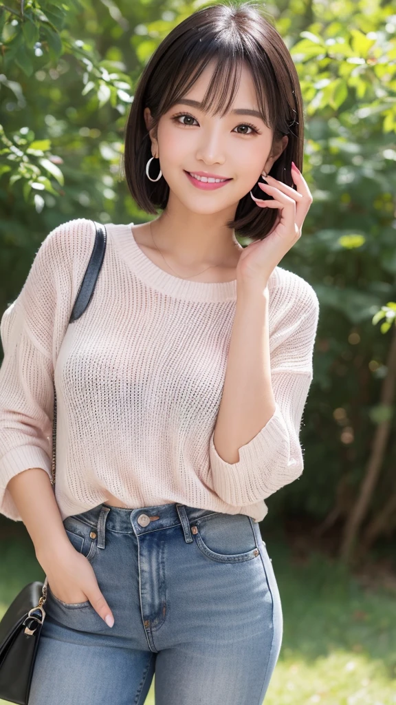 (8k, Photorealistic, Raw photo, Highest quality: 1.4),Japanese idol style１Beautiful girl of the person,18-year-old,Short Bob,Silver Hair,Hang your hair over your ears,Wearing small earrings in the ears,Big, clear grey eyes,Long eyelashes,Tear bags,There is a blackhead under the left eye,Plump Cheeks,Wearing pink lipstick,Apply gloss over your lipstick for glossy, plump lips,Both hands have pink nail polish on their nails,Both toenails have black nail polish,Smiling,Wearing a white summer knit,Wearing skin-tight jeans,Wearing red high heels,She is surrounded by the gentle sunlight filtering through the trees.,Full body portrait
