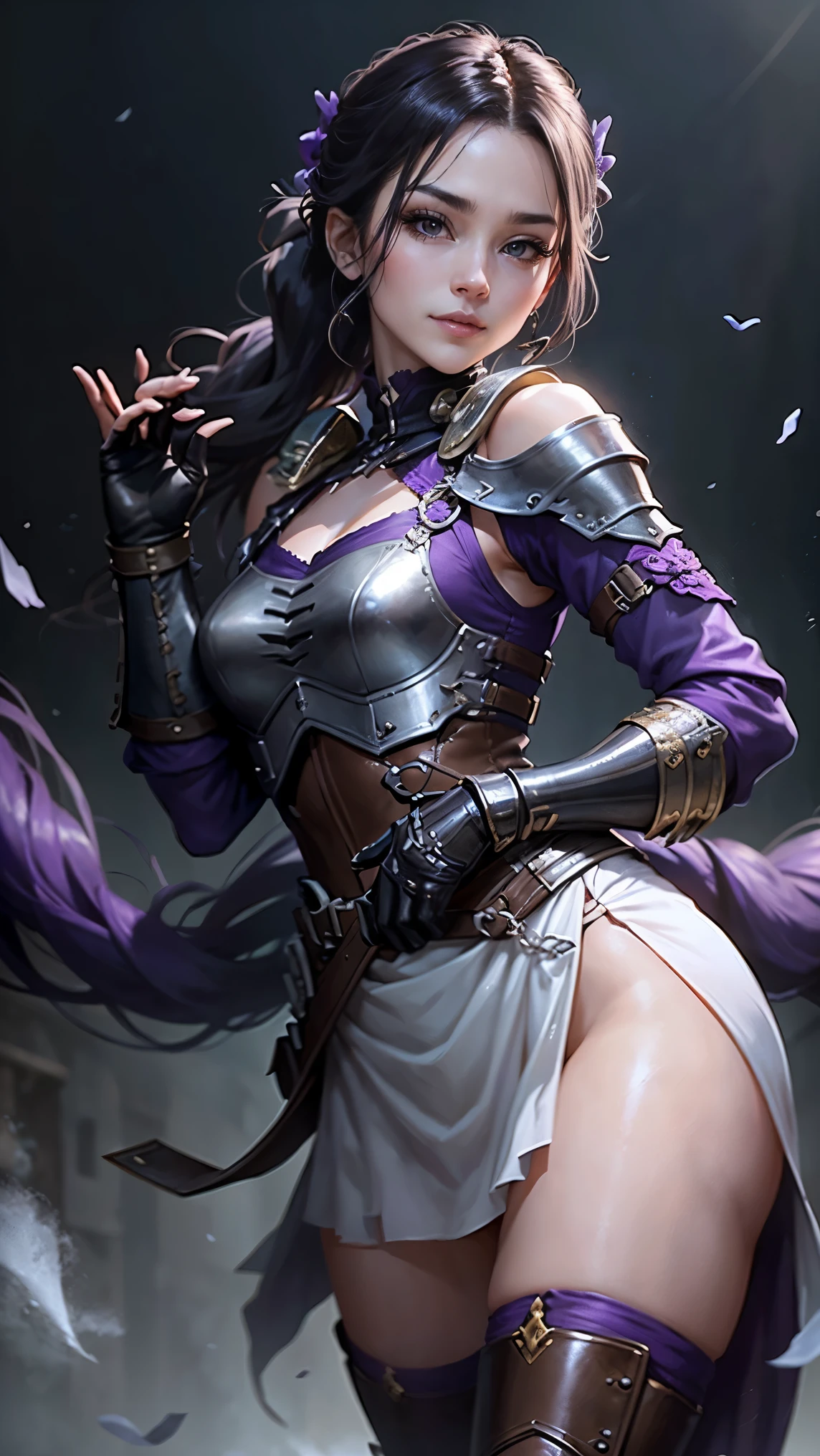 highest quality、masterpiece、8k、Realistic、超High resolution、Very delicate and beautiful、High resolution、Cinema Lighting、medium range shooting、Portraiture、Perfect female body、Opposition、Looking at the audience、((Female Mercenary from Another World、Close-fitting leather bib、Black gauntlets with purple trim))、Glamorous body、Flexible body、(long shiny hair、ponytail:1.3、Sharp Eye)、Throwing knives on shoulder and hip、Stealth Skills、glossy smile、Battlefield of Another World、well experienced、Reward Gold Bag、Loyalty to friendship、People who walk a difficult path々、contract、strategy。