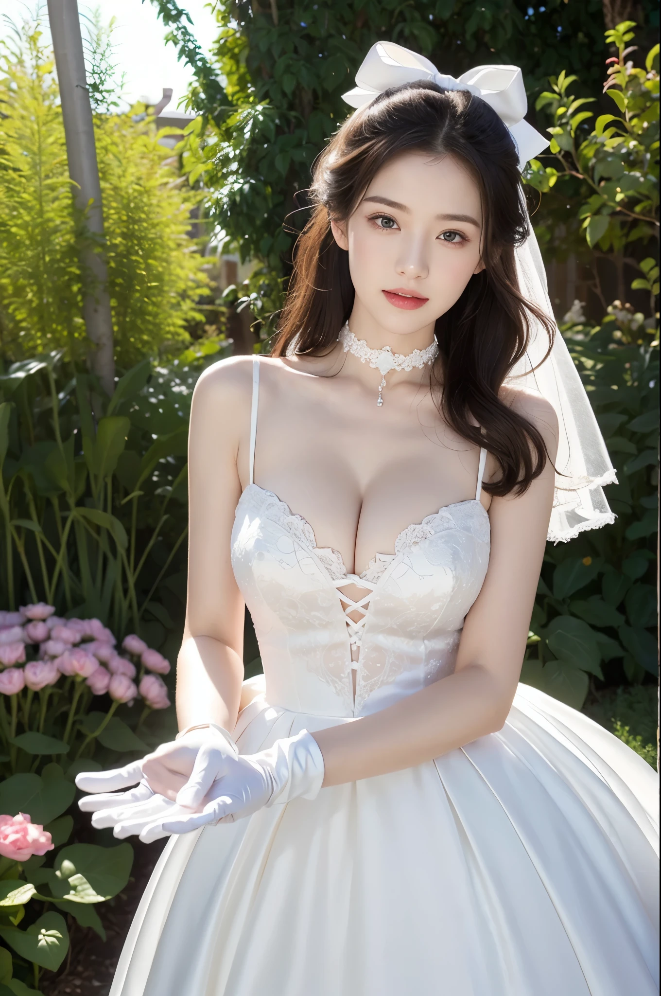 (masterpiece:1.2),1girl,photorealistic,pale_skin,realistic skin,medium breast,cleavage,long hair,straight_hair,black hair,drooling,giggling,
white gloves,choker,ribbon,bow,hair bow,(wedding dress),hair ribbon,garden,vibrant colors,
