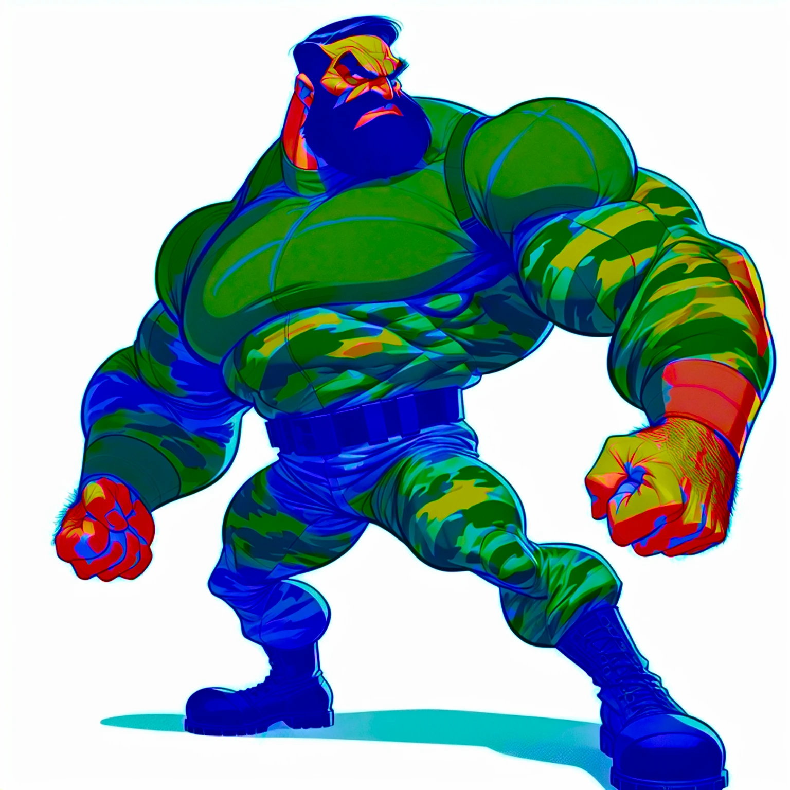 Bluto (popeye the sailor villain Bluto, bearded), 1960's animated hand drawn cartoon rotoscope, wearing Tight Combat Suit, Tight urban camo navy Combat Suit, too tight,  (full roygbiv color) ink charcoal expressive illustration, no light source, darkness, light mask uv rays across face, absurd, with rich color grading, cel shading, warm and unified colors, rotoscope, animated, VHS, glitch, distorted, nostalgia, 90's retro vibe, chonky, obese, hefty, heavy weight, hyper maximal, strange, hyperrealistic, rotoscope expressive ink bold line hand drawn, extremely intensely chonky, spilling over in all directions, hefty, rotund, obese, large, in a cinematic style, s, analog tape, vcr aesthetics, tv, television, hand drawn, minimal, precise,
