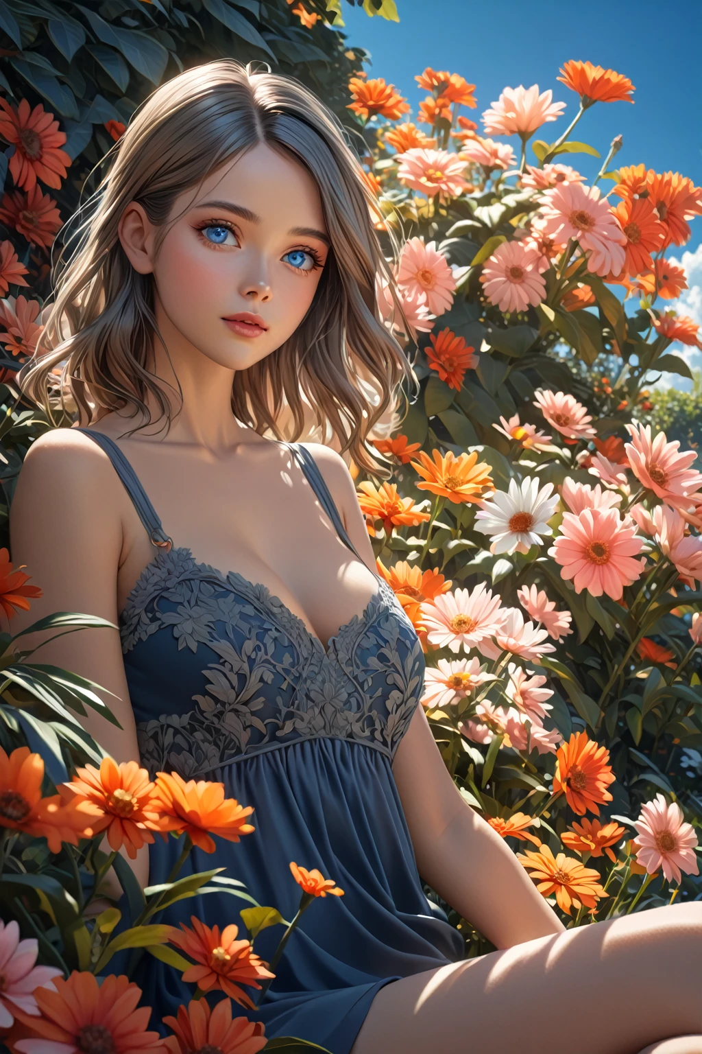 a beautiful girl in a lush garden, vibrant blue sky, red and orange flowers, detailed face and eyes, volumetric lighting, intricate details, photorealistic, high definition, masterpiece, professional digital art, cinematic color palette, using a palette of light pink, muted blue, dark grayish blue, bright blue, very dark gray, and light grayish blue