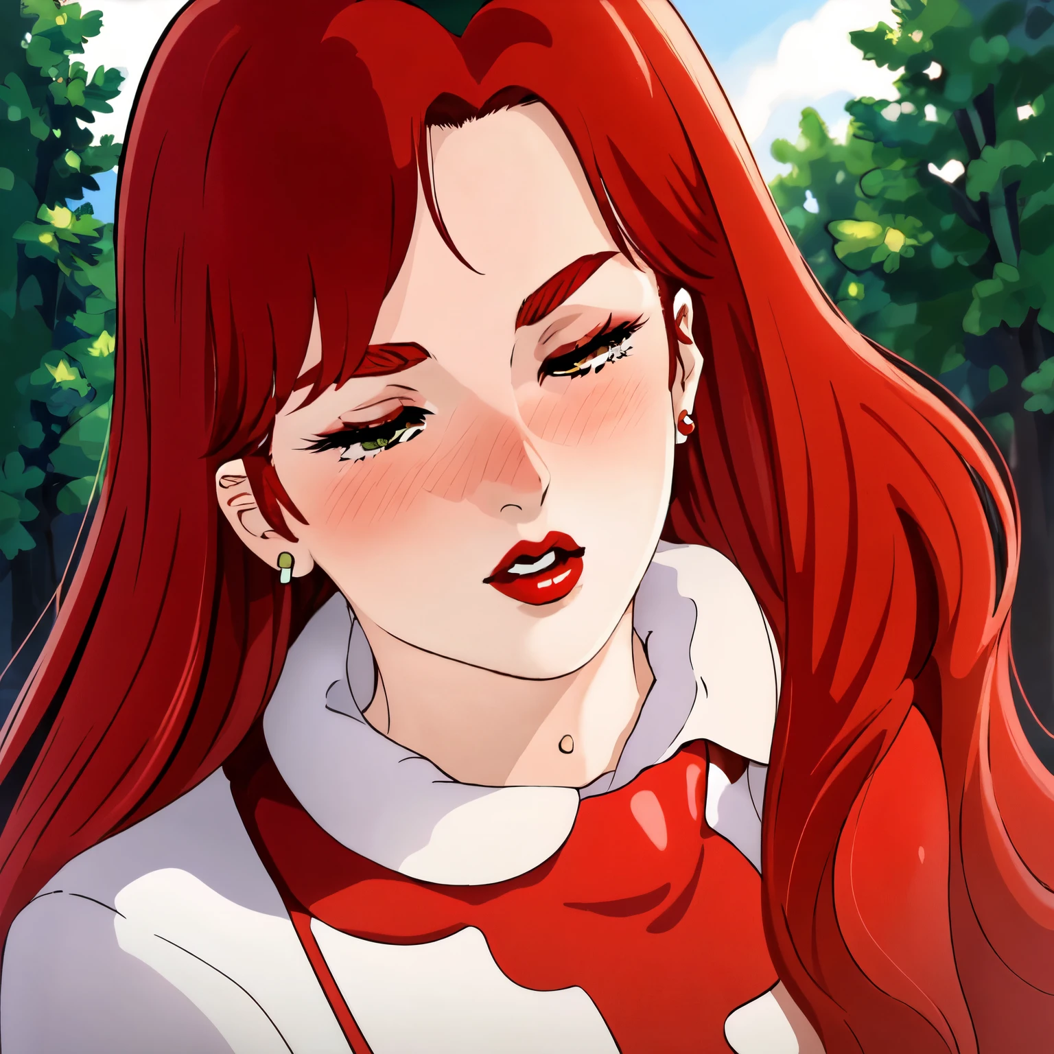 masterpiece,highres,high quality,upscaled,christinamackenzie,1girl, earrings, face close-up, (red eyeshadow: 1.2), partially closed eyes, open mouth, (red lips:1.1), choker, (face blush:1.1), (pale skin:1.2), (long hair:1.2),parted bangs,red hair,green eyes,