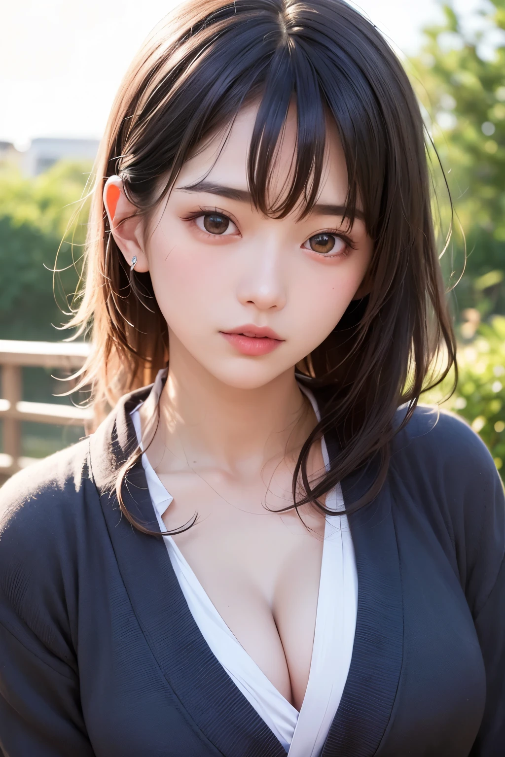 (1 nogizaka girl,raw photo,photo realistic:1.5),(best quality, high quality,HDR, highest quality,ultra high resolution,high resolution,high res,ultra high difinition,huge file size,8K,2K wallpaper,8K wallpaper,high quality texture,amazing,an extremely delicate:1.4),one girl, Japanese famous idol,beautiful face,small face,absurd,ridiculous,incredibly ridiculous,blurry background,(cleavage,no makeup:1.2),medium skin,beautiful skin,detailed skin,black hair,silky hair,(Japanese eyes:1.3),detailed eyes,black eyes,Japanese idol eyes,triangle eyes,Japanese nose,5-fingers,(Light Particles, Lens Flare, Luminous Particles: 0.7),looking at viewer,bright lighting,professional lighting,girl