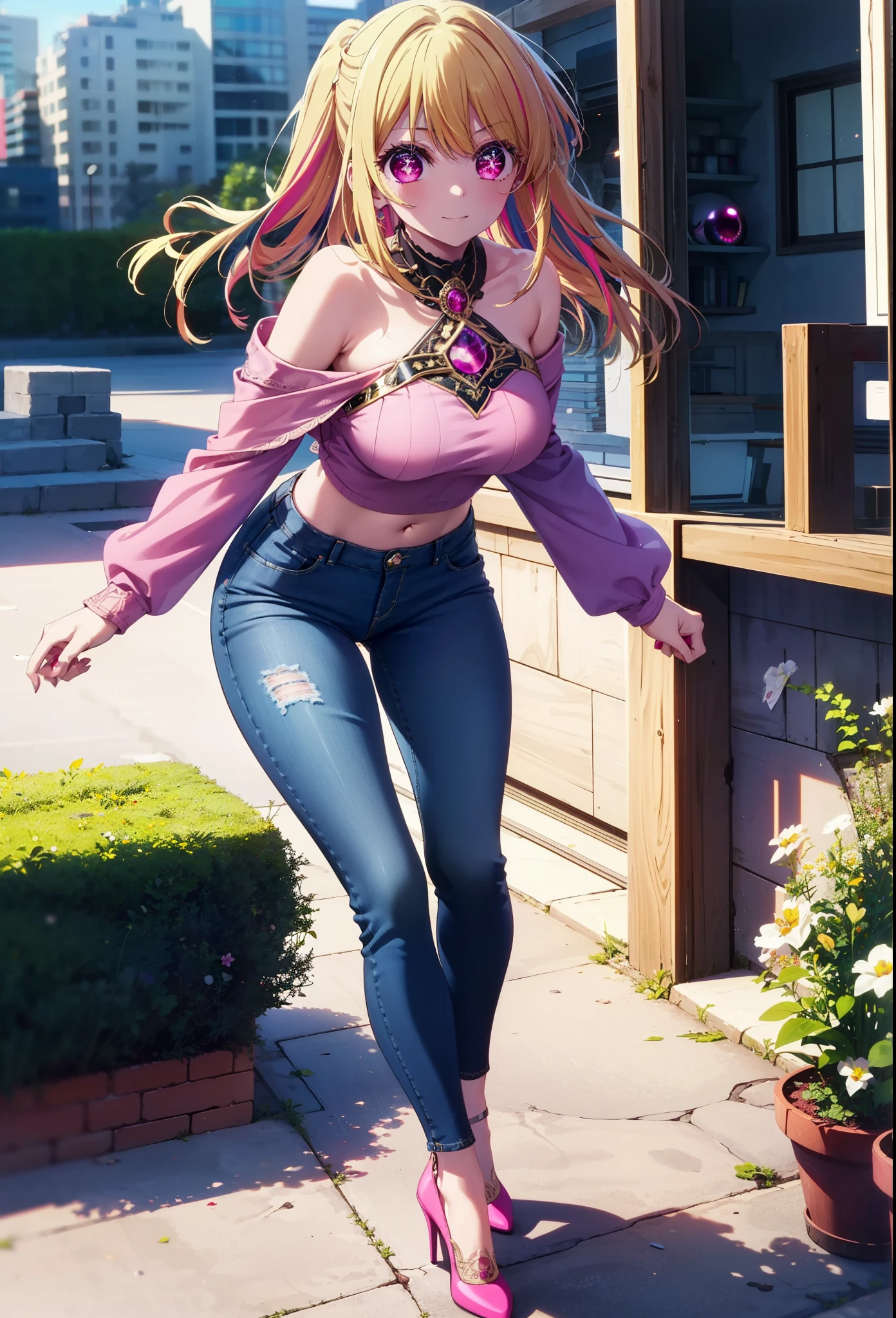 rubyhoshino, Hoshino Ruby, Long Hair, bangs, Blonde Hair, (Pink Eyes:1.3), Side Lock, (Symbol-shaped pupil:1.5), Multicolored Hair, Two-tone hair, smile,Cordo shoulder top,Skinny jeans,Stiletto heels,gardenのベンチに座っている,Walking,
break outdoors, Building district,garden,
break looking at viewer, whole body,
break (masterpiece:1.2), highest quality, High resolution, unity 8k wallpaper, (figure:0.8), (Beautiful fine details:1.6), Highly detailed face, Perfect lighting, Highly detailed CG, (Perfect hands, Perfect Anatomy),