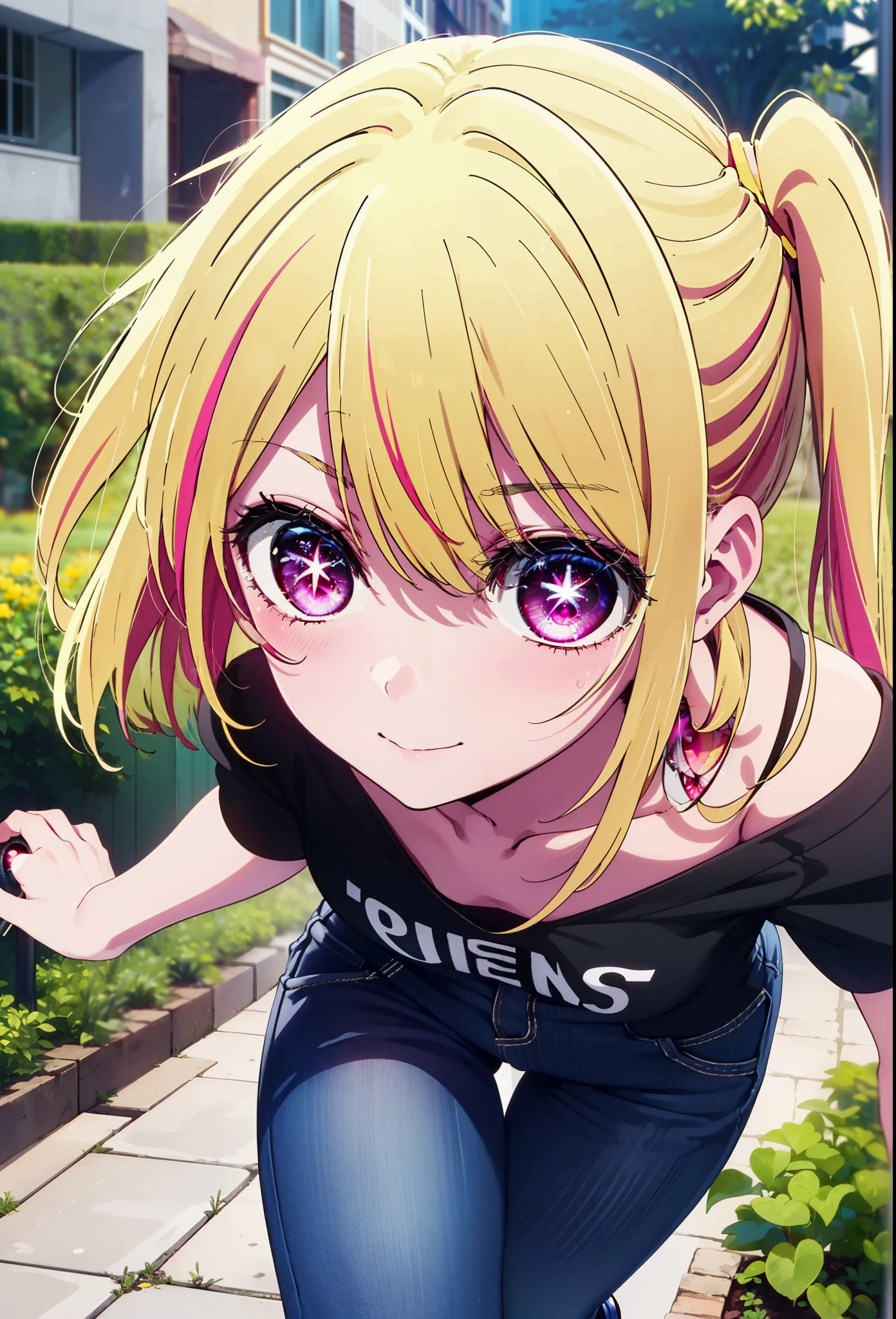 rubyhoshino, Hoshino Ruby, Long Hair, bangs, Blonde Hair, (Pink Eyes:1.3), Side Lock, (Symbol-shaped pupil:1.5), Multicolored Hair, Two-tone hair, smile,Cordo shoulder top,Skinny jeans,Stiletto heels,gardenのベンチに座っている,Walking,
break outdoors, Building district,garden,
break looking at viewer, whole body,
break (masterpiece:1.2), highest quality, High resolution, unity 8k wallpaper, (figure:0.8), (Beautiful fine details:1.6), Highly detailed face, Perfect lighting, Highly detailed CG, (Perfect hands, Perfect Anatomy),