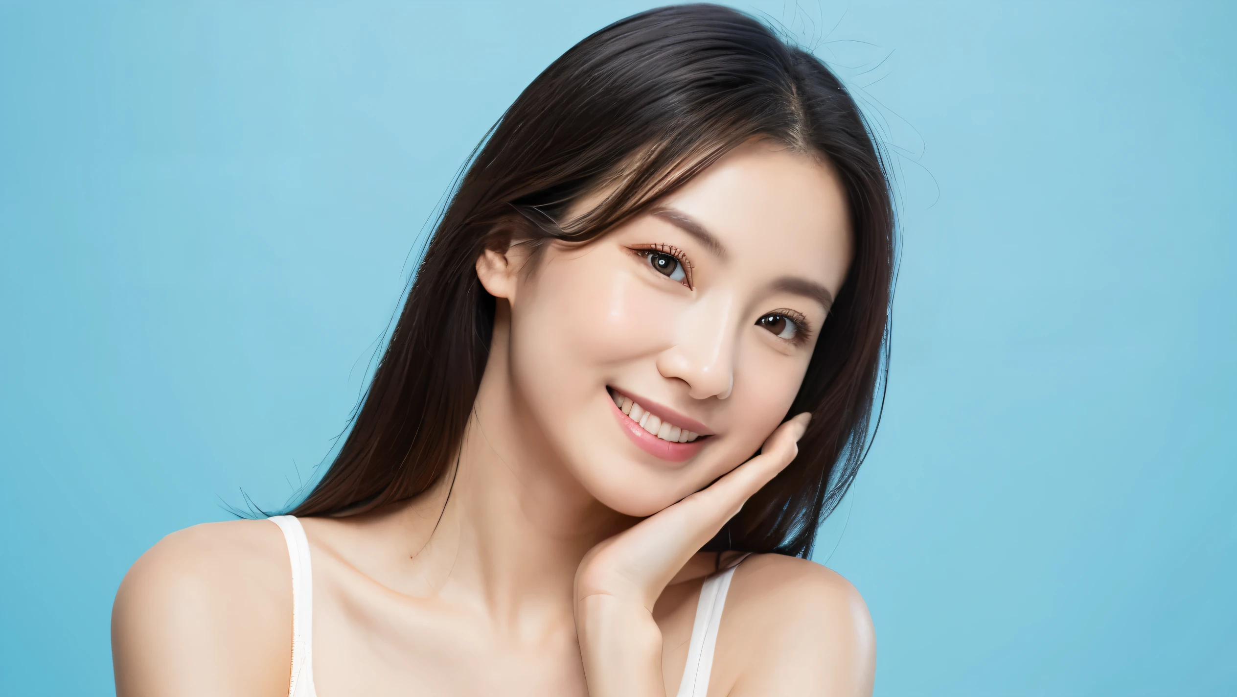 8k、One Woman、Beauty、SLR、Light blue background、Clear skin、Glowing Skin、Black Hair、Put your hand on your cheek、sigmaF2.8-56mm、smile、breast enhancement