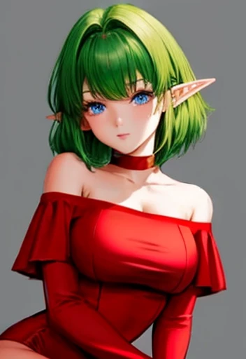 Red off-the-shoulder bodycon tube dress with no frills,Red long arm covers,Elf Girl, Medium short length hair,Green color Hair:2.0,Big Breasts,blue eyes,masterpiece,highest quality,Very delicate,8K