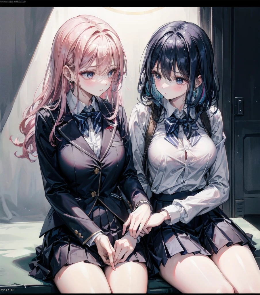 (((yuri))), (((2 girls))), ((school uniform)), blazer, skirt, absurdres, RAW photo, extremely delicate and beautiful, masterpiece, Best Quality, ultra high resolution, 32k, hyperrealistic, ultra-detailed, detailed description, perfect anatomy, pale skin, 20 years old, detailed beautiful face and eyes, tearful mole, earring, short medium hair, wavy hair, random colored hair, whole body shot, colossal tits,