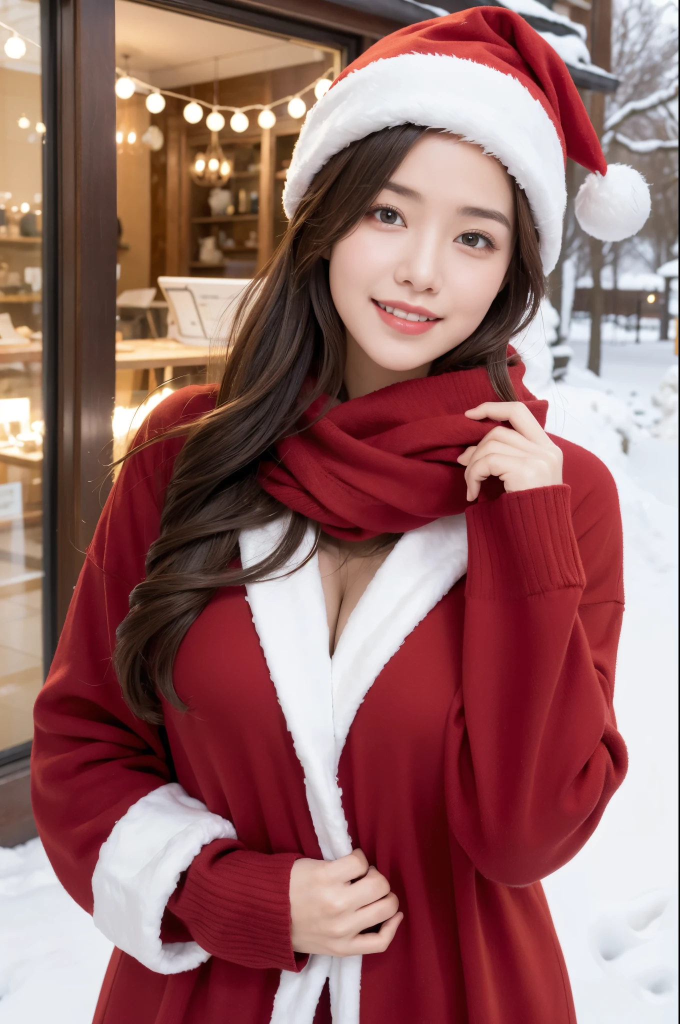 (masterpiece:1.2),1girl,christmas,scarf,santa_hat,christmas decoration,snow,
chinese,medium breast,cleavage,brown hair,smile,