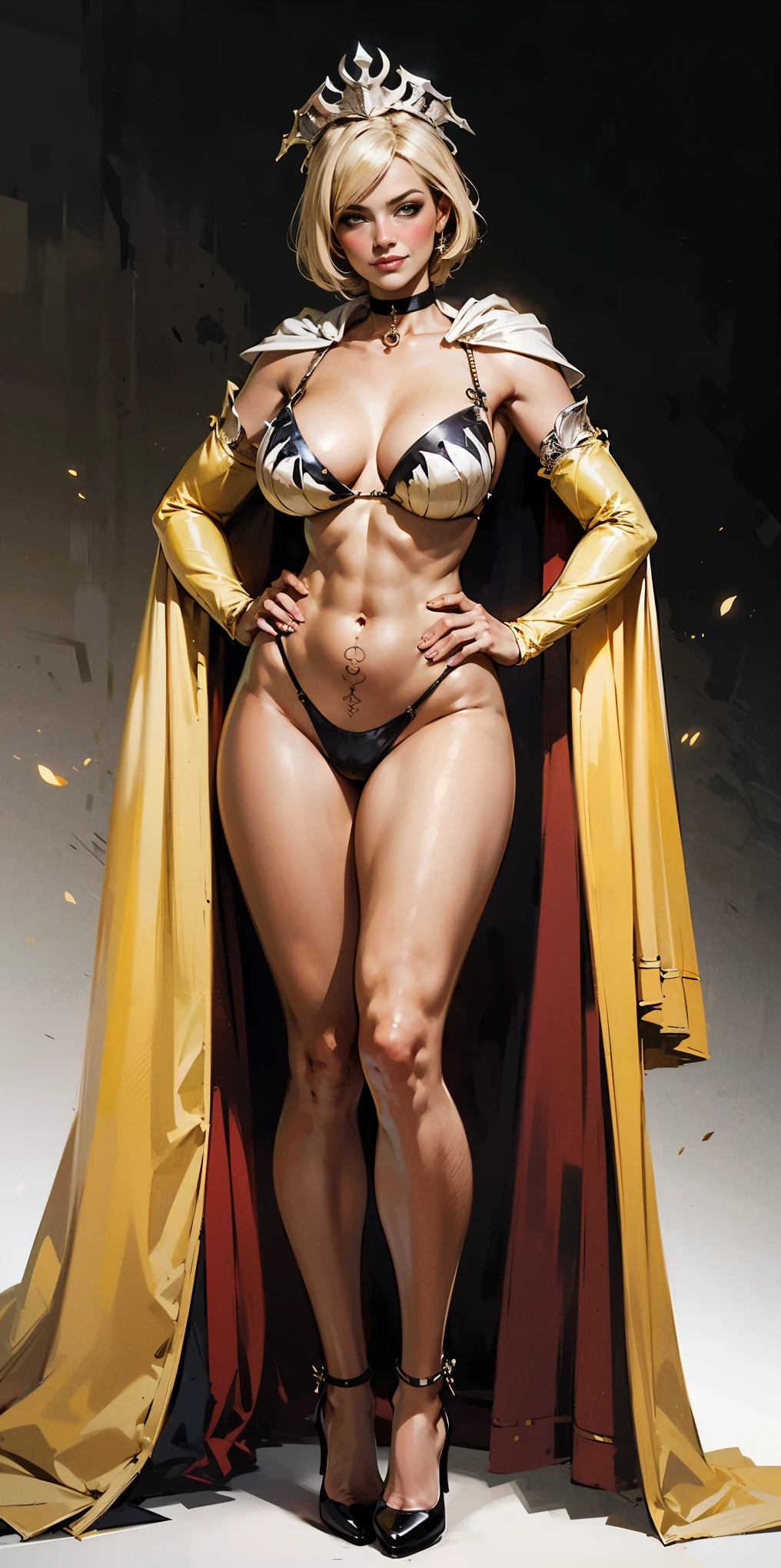 Two long thighs, yellow eyes, blonde hair, short hair, large breasts, detached sleeves, very white background, royal tiara, long cape, yellow tiger bikini, high heels, hands on hips. red tattoo on belly navel, full body female MILF BIMBO, lustful smirking smile face (red blush), metal shoulders, golden bracers sleeveless, black choker sex slave