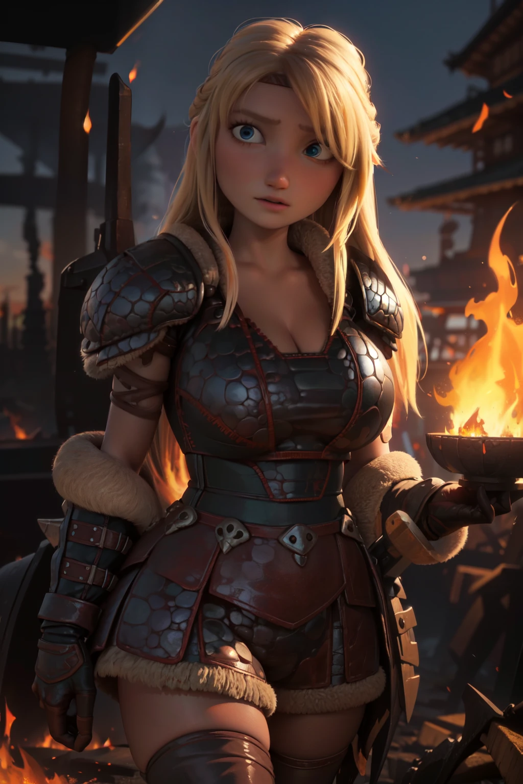 masterpiece, high quality, best quality, realistic, perfect face, expressive eyes, astrid hofferson, 1girl, solo, blonde hair, long hair, blue eyes, armor, huge breasts, v-cut, absolute cleavage, voluptuous, zettai ryouiki, standing, holding weapon, axe, (hand on hilt), fire, burning, embers, flame, smoke, sparks, (dark, night, darkness:1.3), depth of field