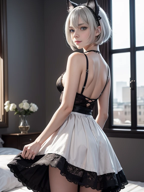 8K,Masterpiece,One woman,Smile,30 years old,blue eyes,Silver Ash Hair,Short Bob Hair,Dutch beauty,Ella Freya（Ella Freya),Gothic ta,White skin,Slender figure,Small breasts,Dynamic Angle,skirt lift,Panty Shot,Cat ear,