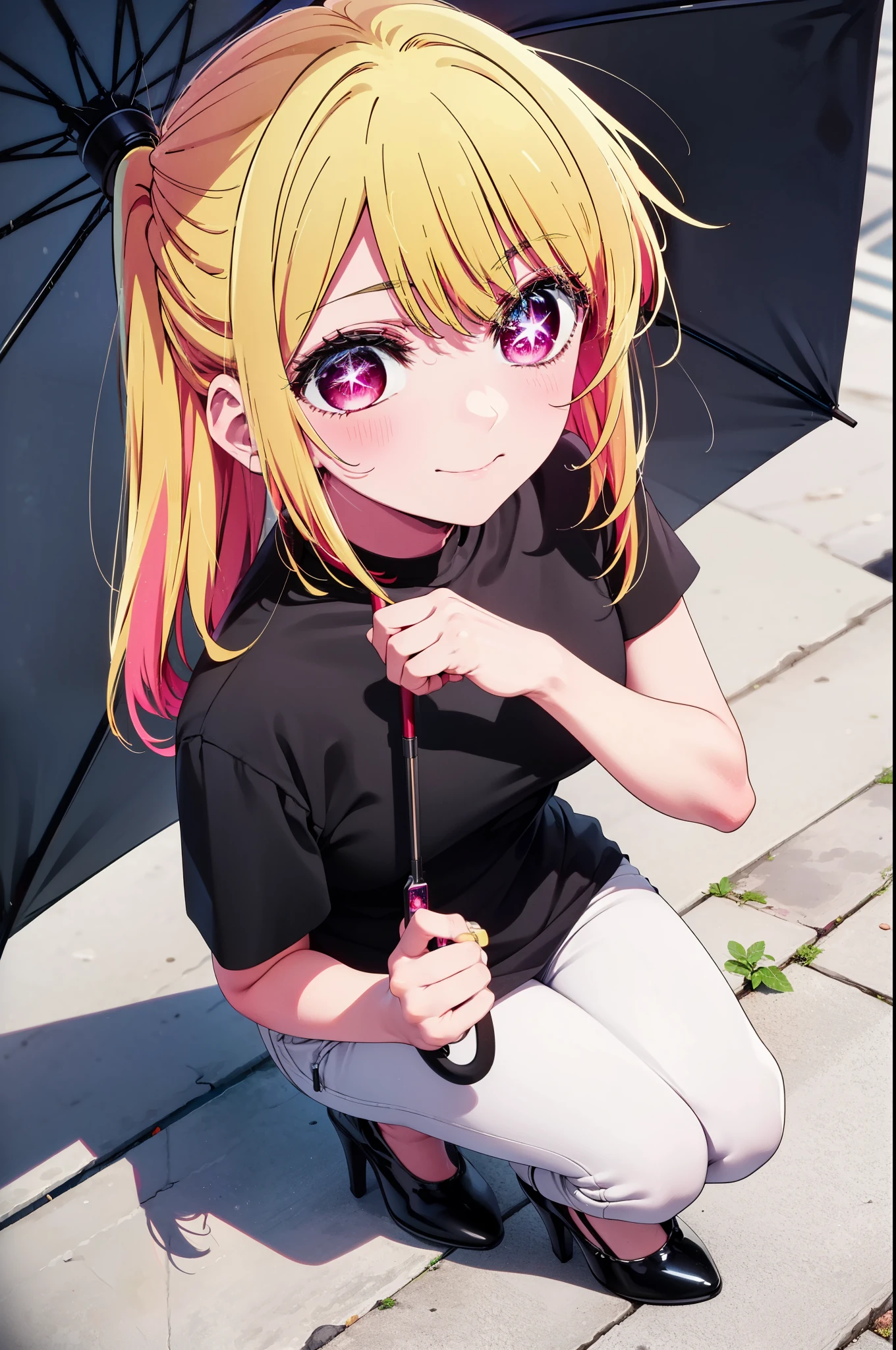 rubyhoshino, Hoshino Ruby, Long Hair, bangs, Blonde Hair, (Pink Eyes:1.3), Side Lock, (Symbol-shaped pupil:1.5), Multicolored Hair, Two-tone hair, smile,Cordo shoulder top,Short sleeve,Skinny jeans,Stiletto heels,rain,black umbrella,Cloudy,whole bodyがイラストに入るように,Walking,
break outdoors, ビル街
break looking at viewer, whole body,
break (masterpiece:1.2), highest quality, High resolution, unity 8k wallpaper, (figure:0.8), (Beautiful fine details:1.6), Highly detailed face, Perfect lighting, Highly detailed CG, (Perfect hands, Perfect Anatomy),