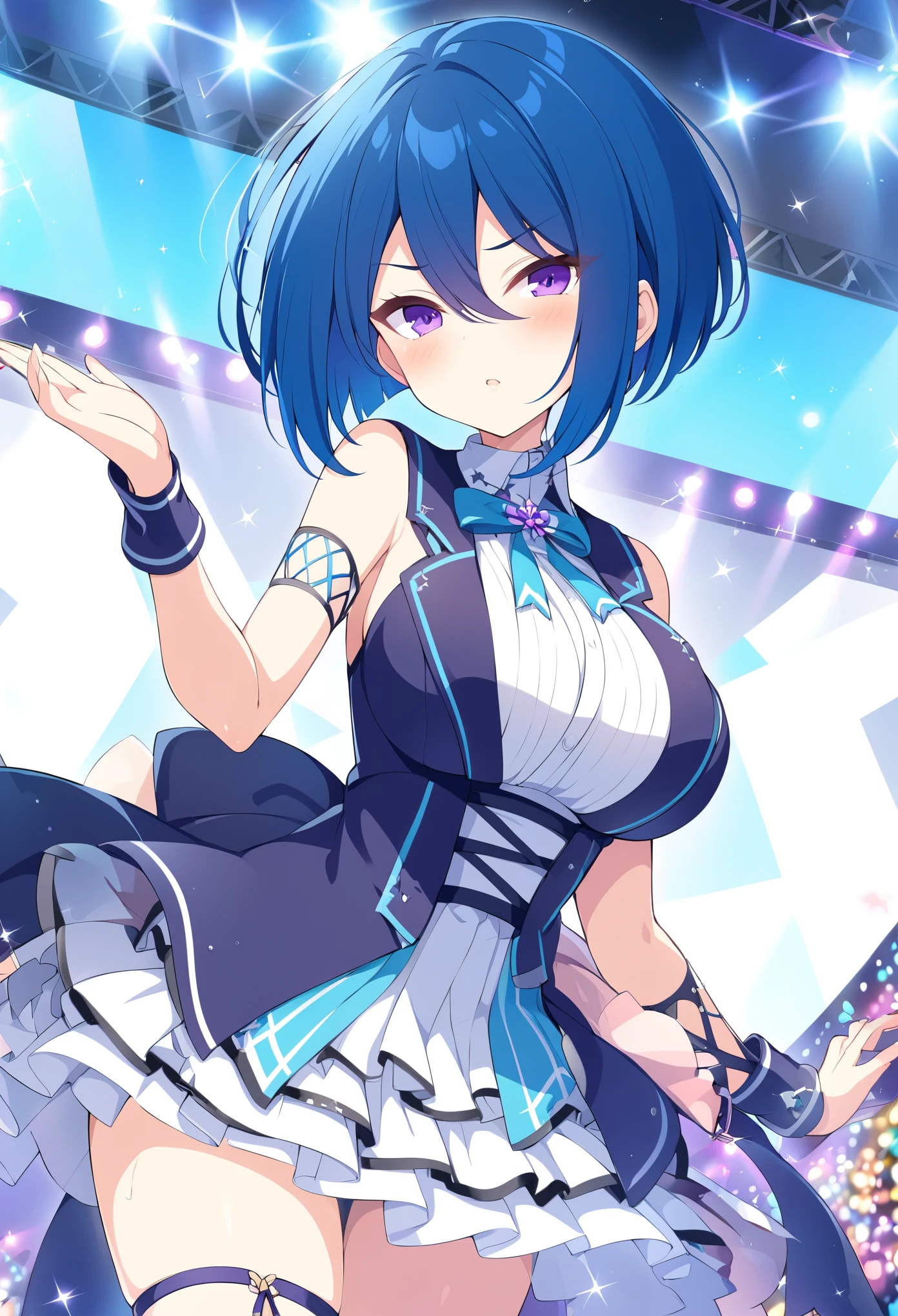 HIBARAEIKO, BLUE HAIR, HAIR BETWEEN EYES, SHORT HAIR, PURPLE EYES,, large breasts,, Live Stage, solo