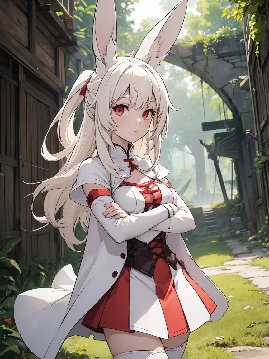 a rabbit girl in the ruins, (rabbit girl)(best quality,high resolution, masterpiece:1.2), female focus, (one girl:1.5), (free hands), beautiful eyes, (white hair:1), detailed eyes, (rabbit ears), (red eyes:1.2), white cloak, happy, fleshy lips, hair ornament, leather armor, Clothes made of tanned leather, detached sleeves, wrist guard, white thighhighs, shin guards, perfect quality, good quality, masterpiece, (arms crossed1.2), Prepare-se para mergulhar em um mundo onde a beleza e o artesanato se fundem perfeitamente, anatomically correct. ultra nitidez