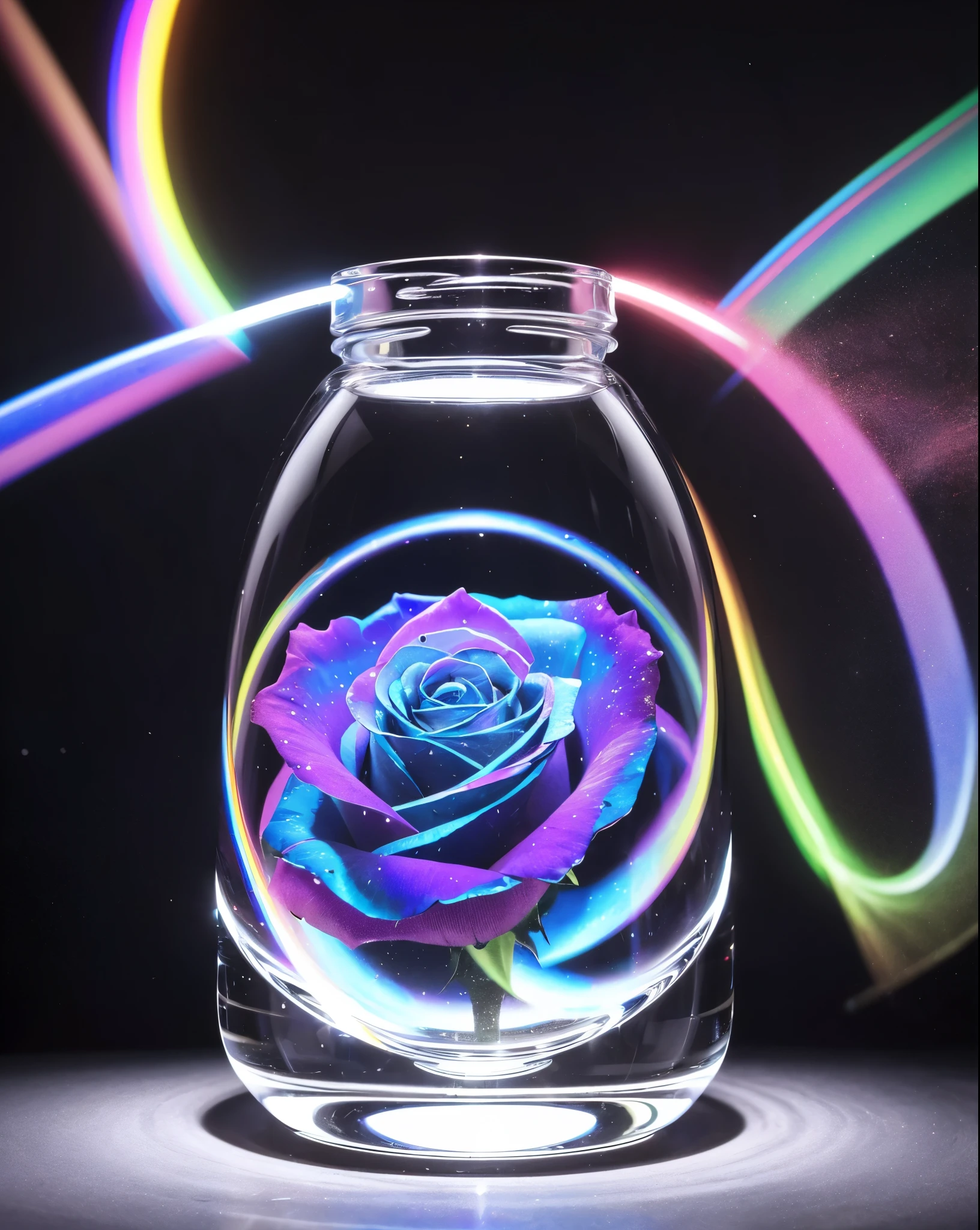 A masterpiece of the highest quality and extreme detail. In a bottle decorated with sophisticated high-tech equipment、A single transparent black rose is placed in the vase.。. State-of-the-art technology, Futuristic Art, A work of art never seen before on Earth. Zoom in. Vibrant, high-contrast colors. A black rose made with the ultimate DNA, It emits a mysterious rainbow aura and illuminates the space.. It's a creative atmosphere. Realistic, Like a real photo.